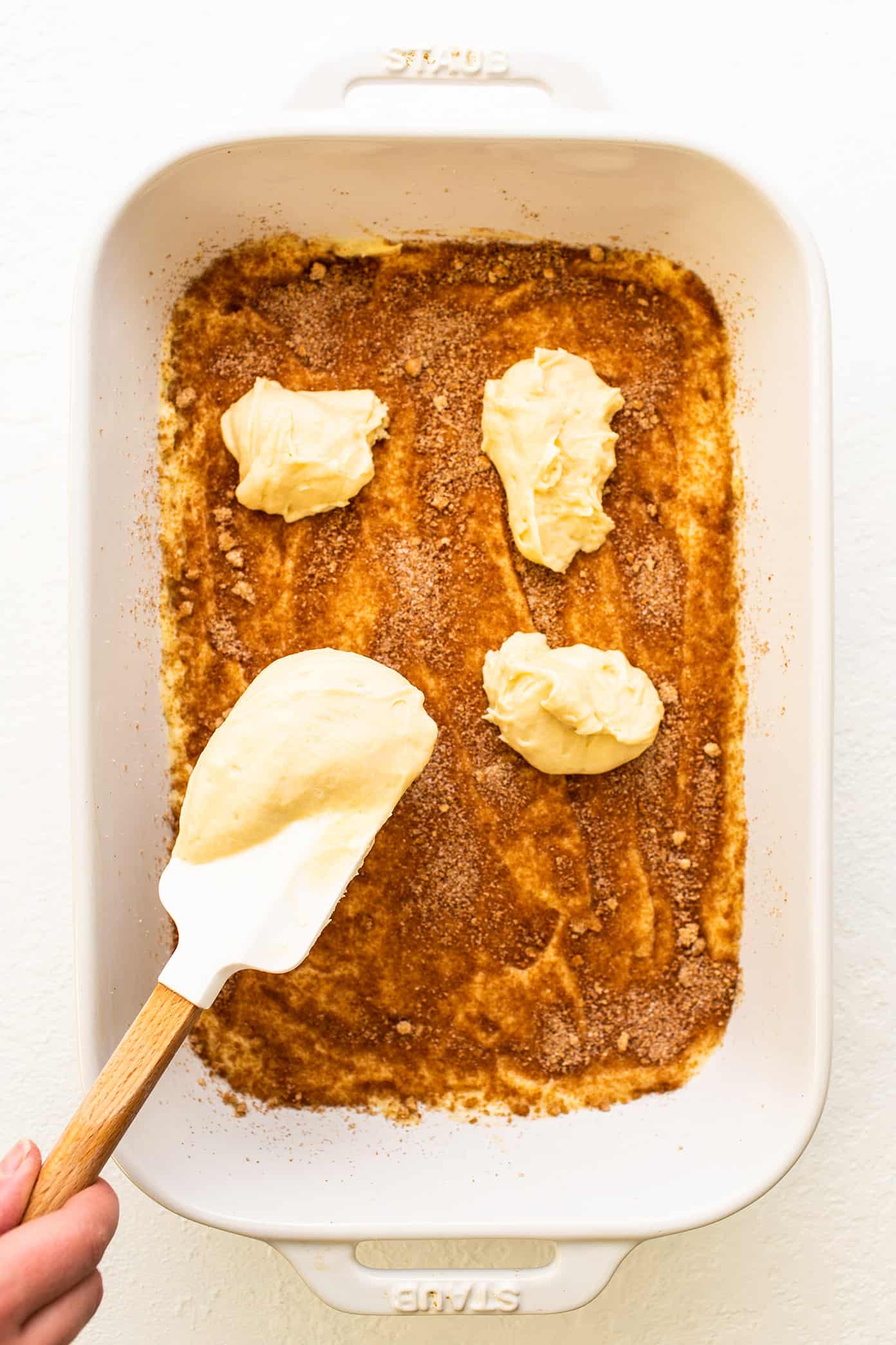 Layering the batter to make homemade coffee cake