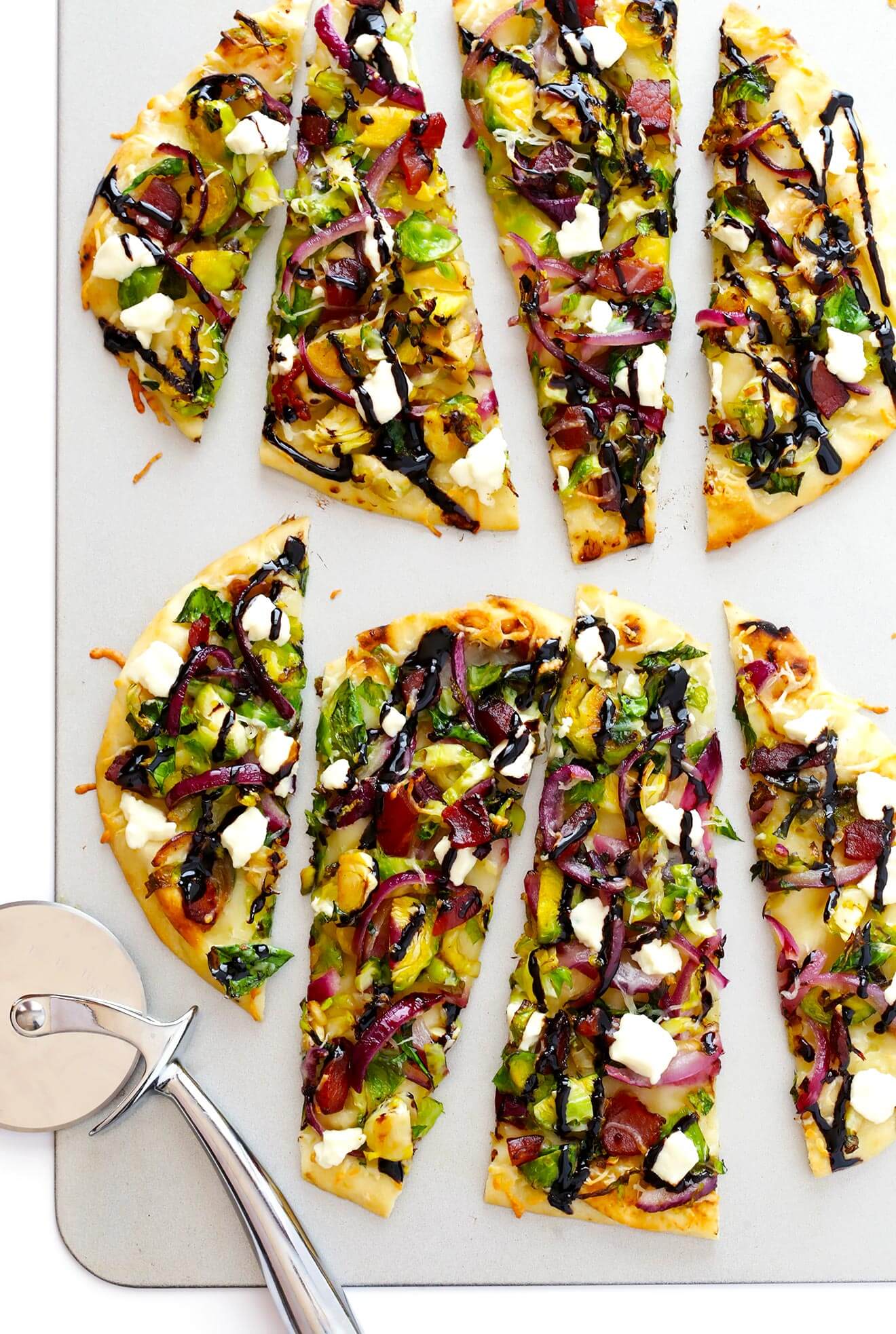 Brussels Sprouts, Bacon and Balsamic Flatbread Pizzas -- ready to go in less than 30 minutes, and so delicious! | gimmesomeoven.com