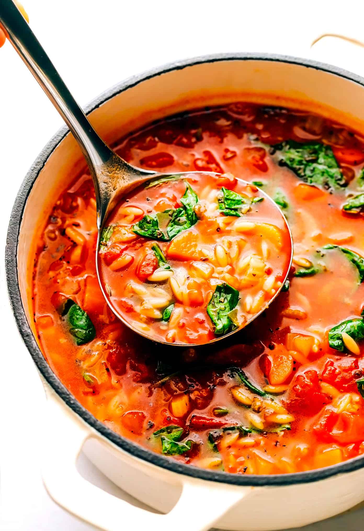Italian Orzo Soup in pot with ladle