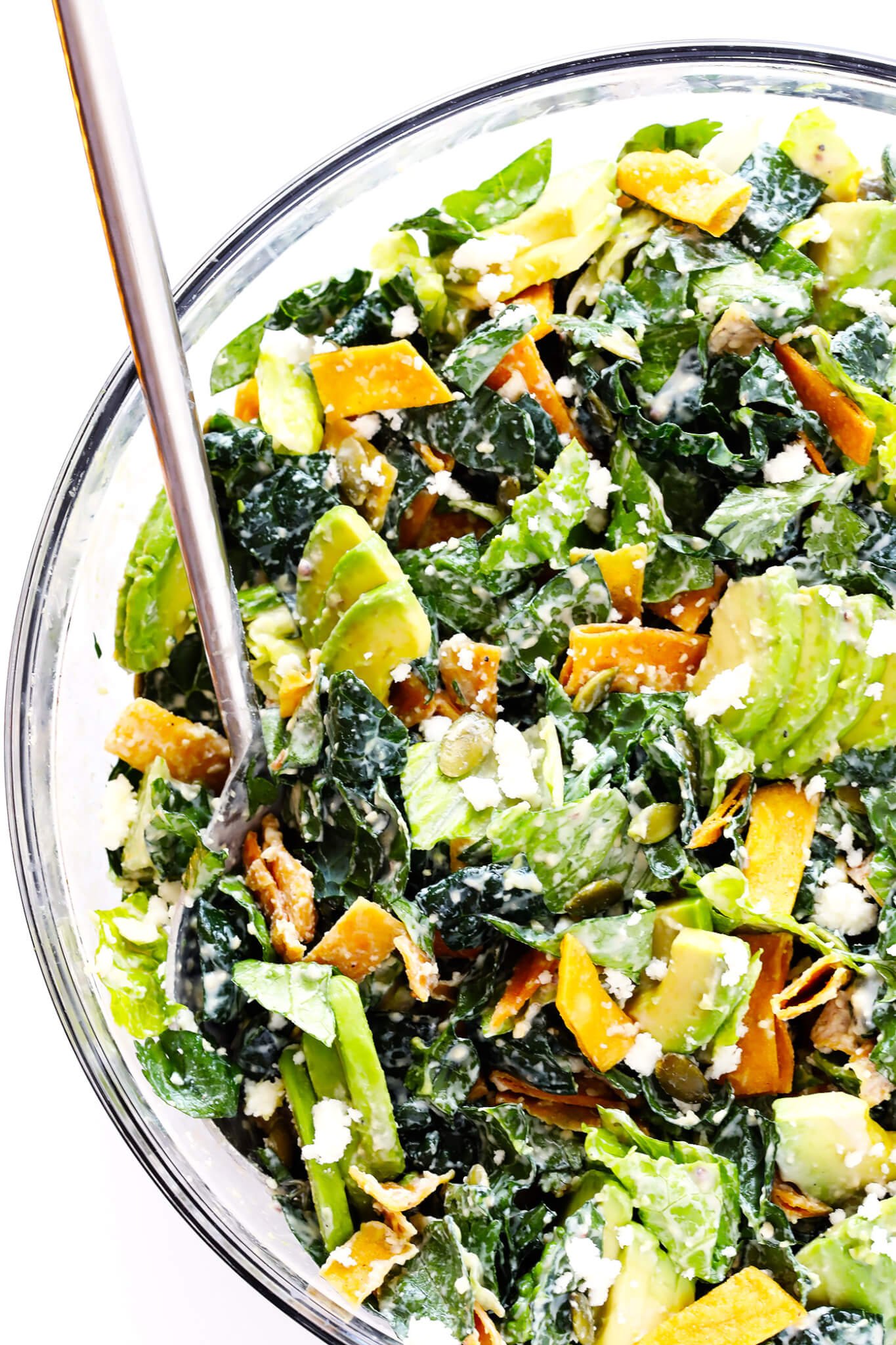 This Mexican Caesar Salad recipe is SO DELICIOUS, and made with kale, Romaine, avocado, crispy tortilla strips, pepitas, crumbled cotija cheese, and a creamy Greek Yogurt Caesar Dressing. | gimmesomeoven.com