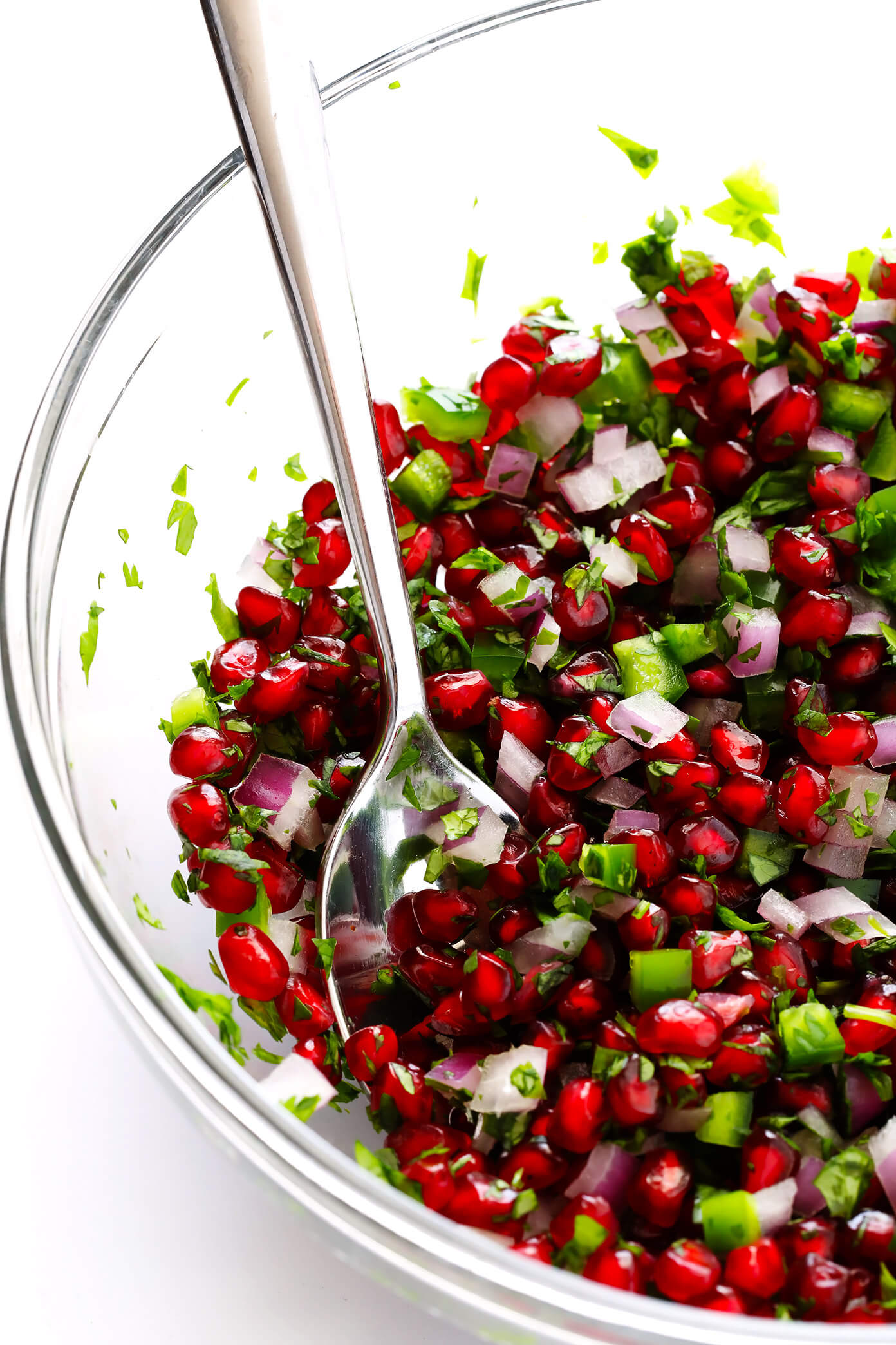 This 5-Ingredient Pomegranate Salsa is so juicy and sweet, and it only takes a few minutes to make! Just grab some POM-POMs, red onion, cilantro, jalapeño and a lime, and you're ready to go!