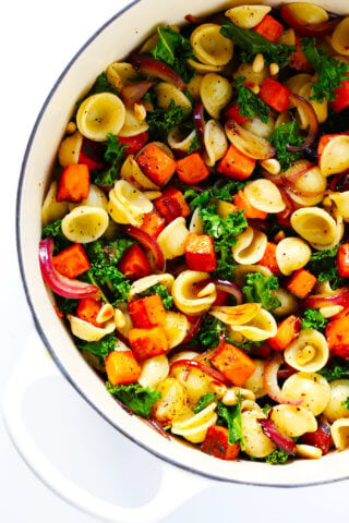 Pasta with Caramelized Sweet Potatoes, Kale and Parmesan (Vegetarian)