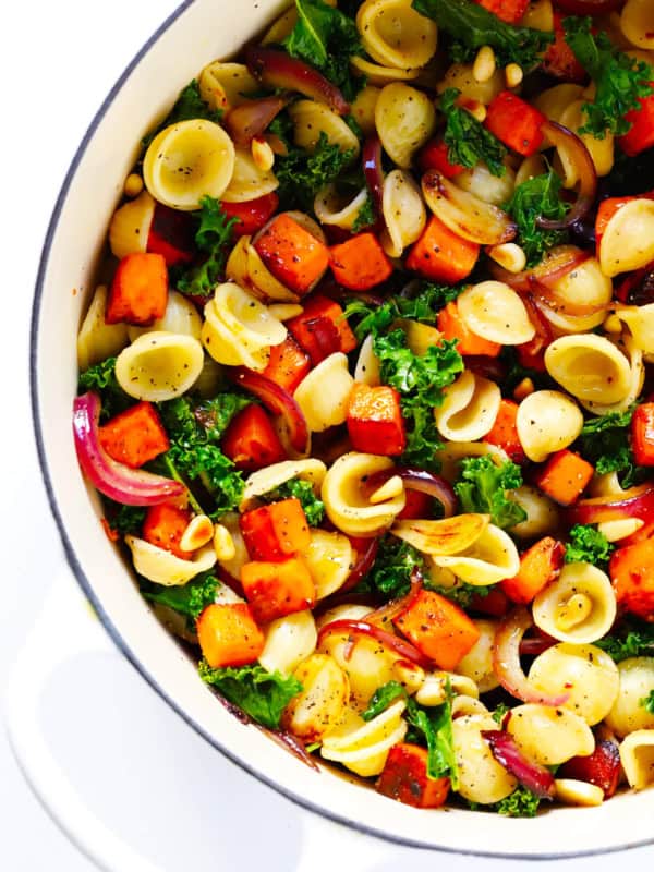 Pasta with Caramelized Sweet Potatoes, Kale and Parmesan (Vegetarian)