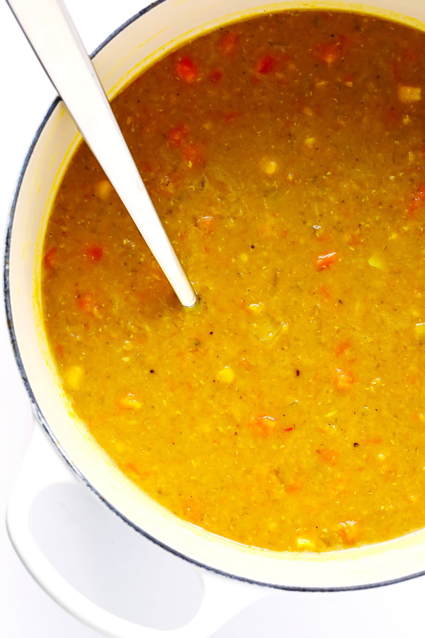 This is the BEST lentil soup recipe!! It's full of amazing lemony flavor, it's naturally healthy and vegan and gluten-free, it's quick and easy to make, and SO delicious. Instant Pot and Slow Cooker instructions included too! | Gimme Some Oven #lentilsoup #instantpot #cleaneating #redlentilsoup #glutenfree #vegan