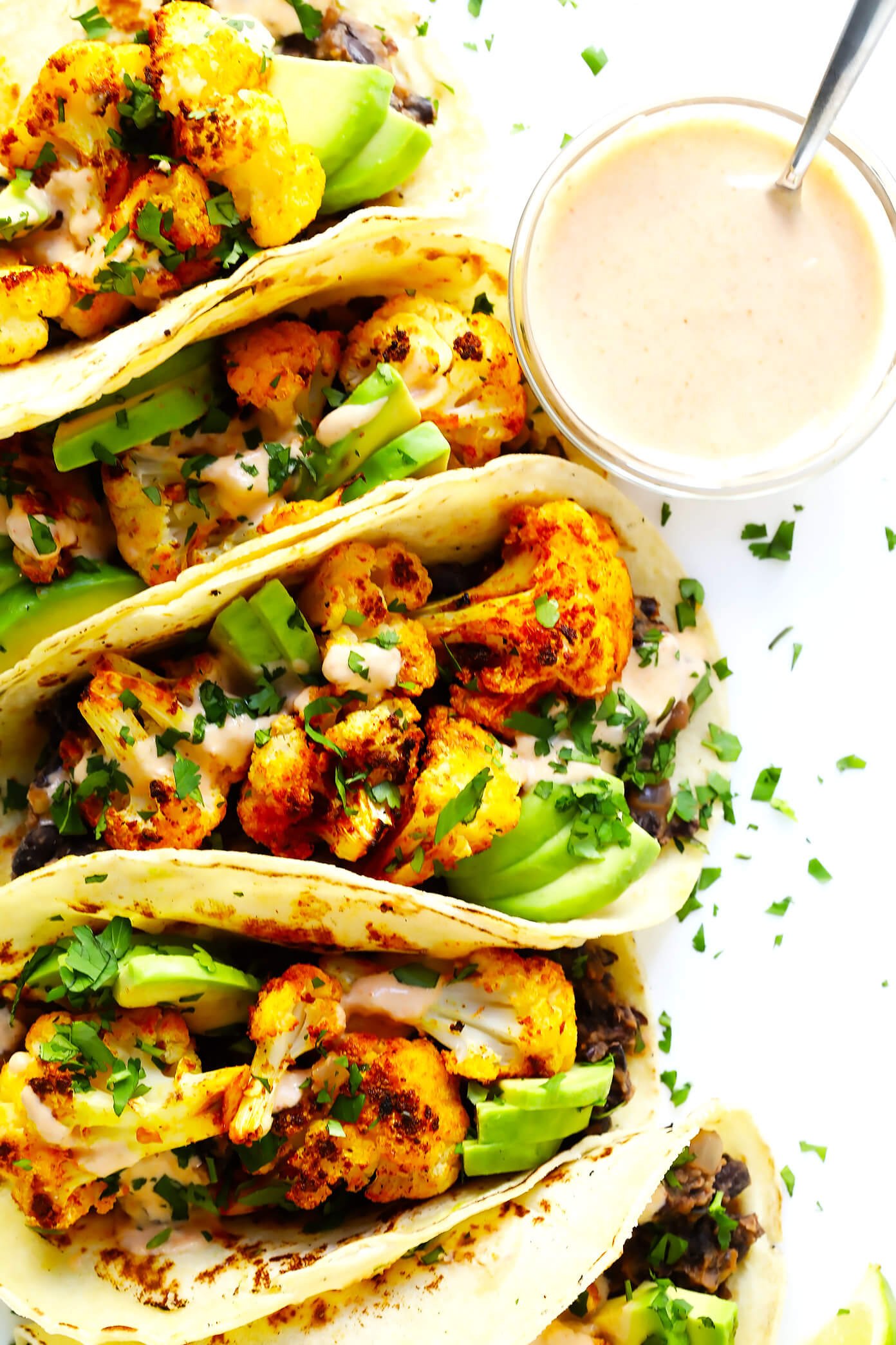 Roasted Cauliflower and Black Bean Tacos with Crema