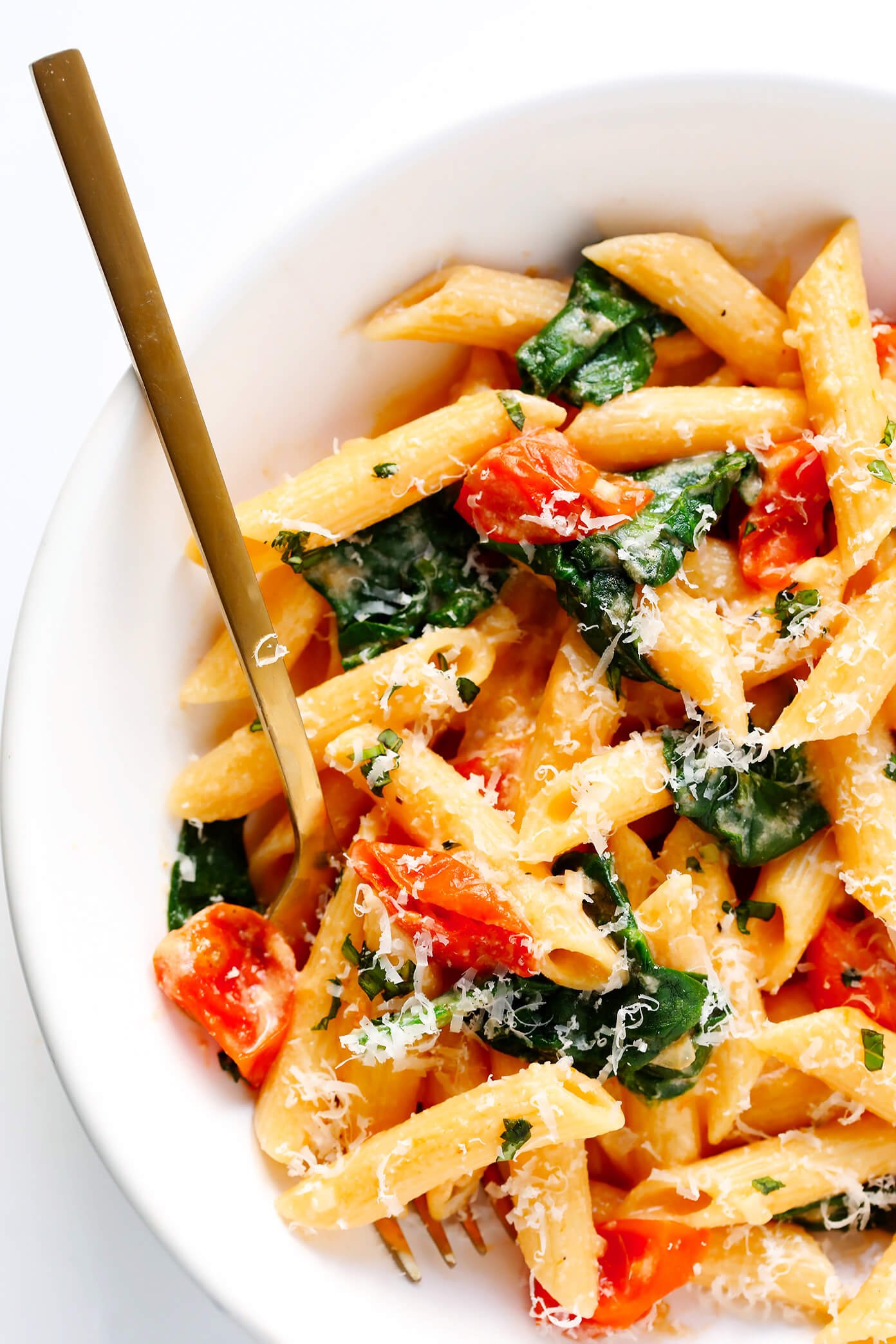 Creamy Rosé Pasta with Roasted Tomatoes and Spinach in bowl