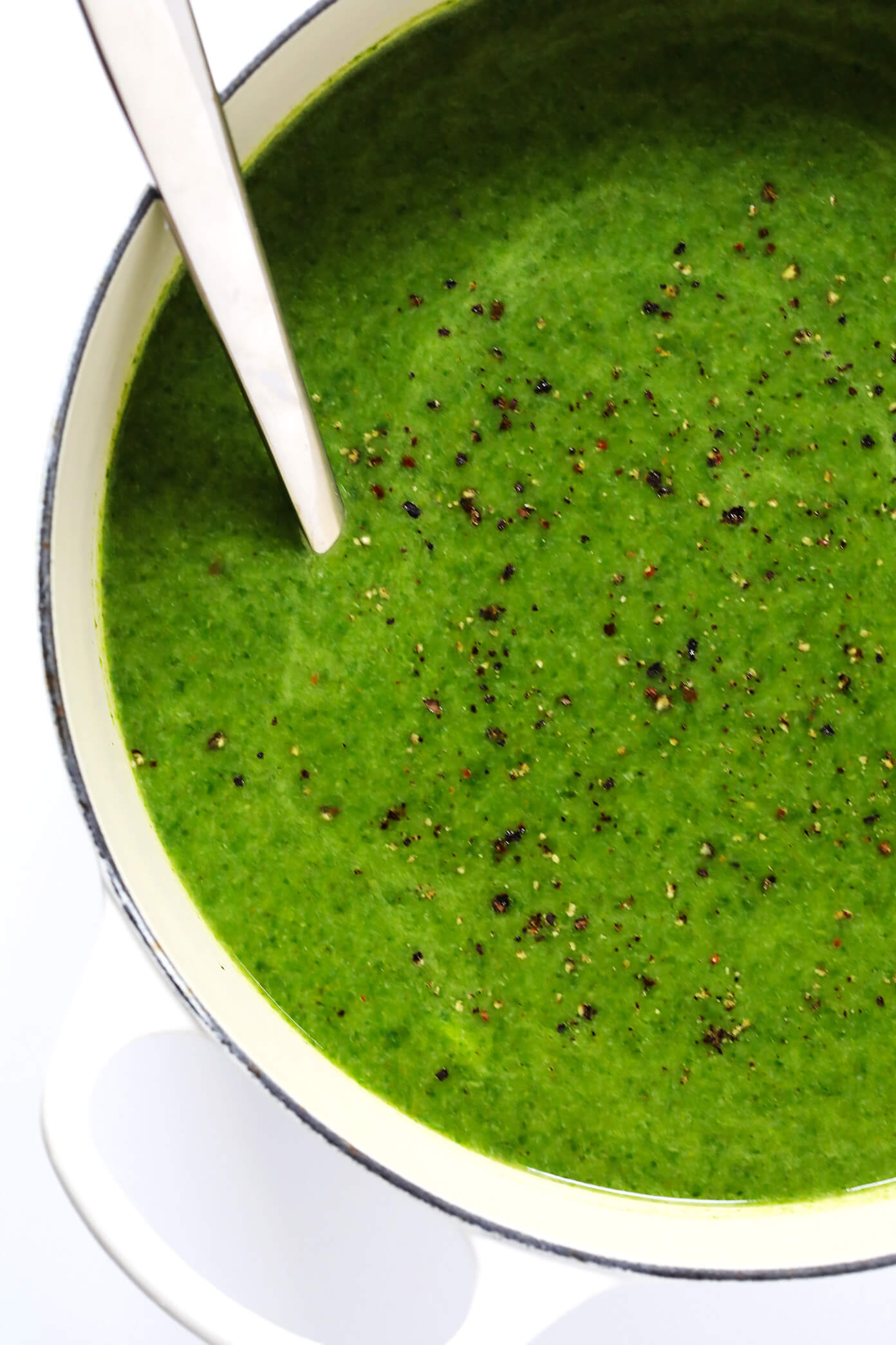 This Green Goddess Soup recipe is overflowing with feel-good veggies and greens (especially broccoli, cauliflower and spinach), it's quick and easy to make, and it tastes and feels great. Bonus? It's also naturally gluten-free and vegan. | Gimme Some Oven #greengoddess #healthyrecipes #souprecipe #broccolisoup #vegetarian Green Goddess Soup in pot