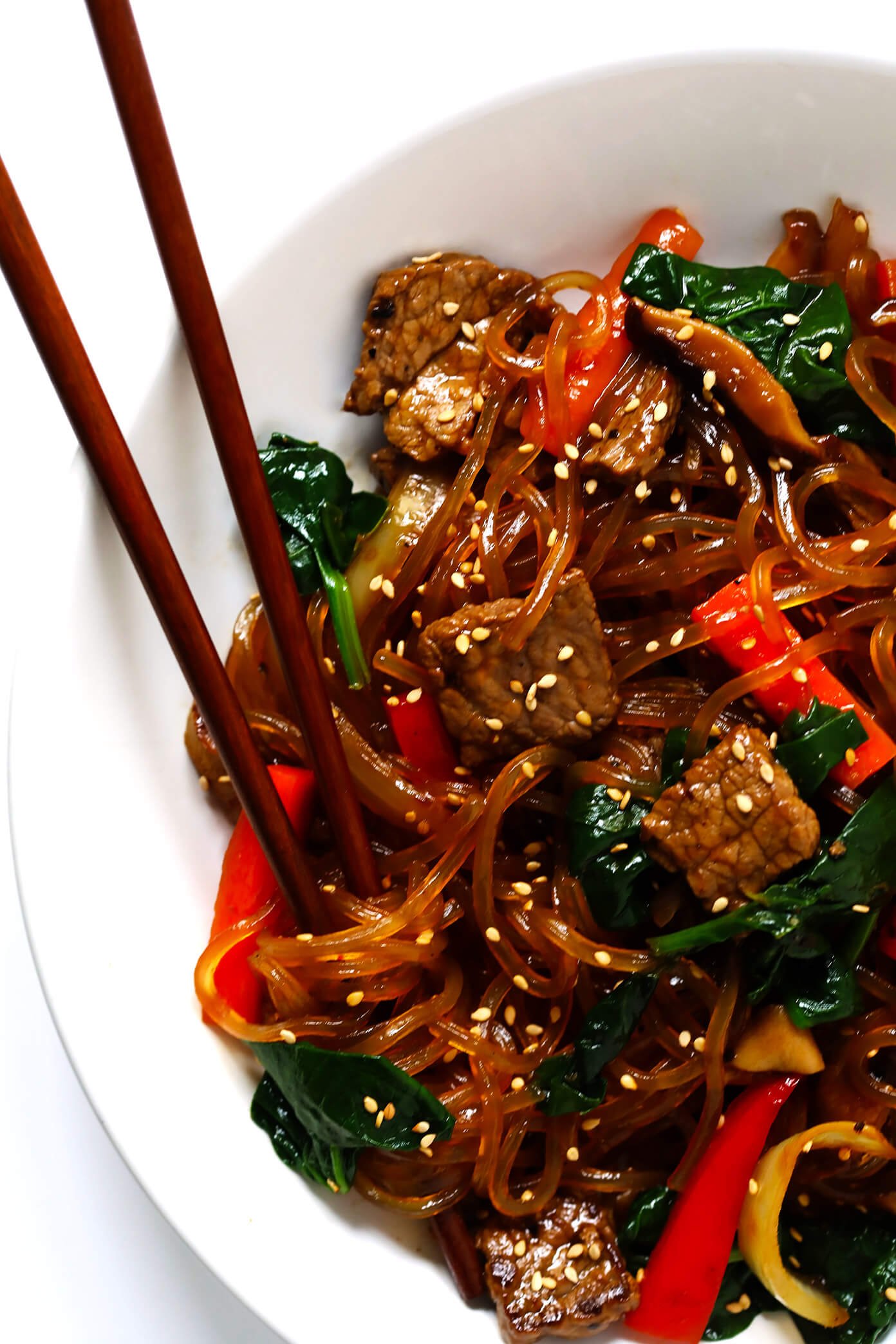 Japchae - Korean beef noodle stir-fry in bowl
