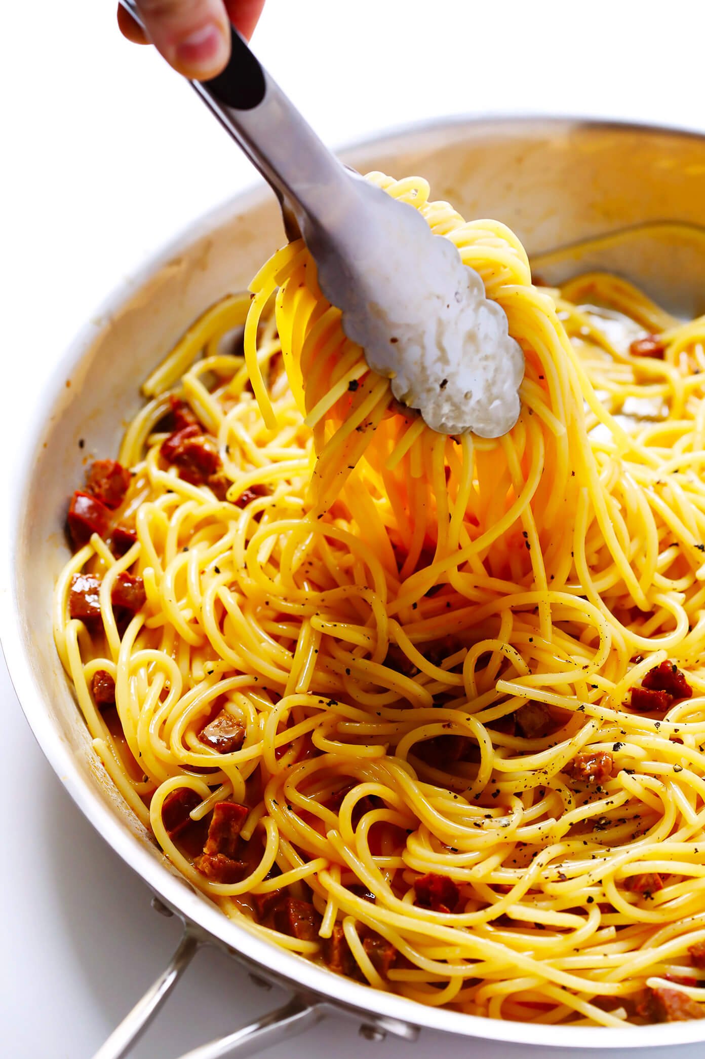 Spanish Chorizo Spaghetti Carbonara - Gimme Some Oven