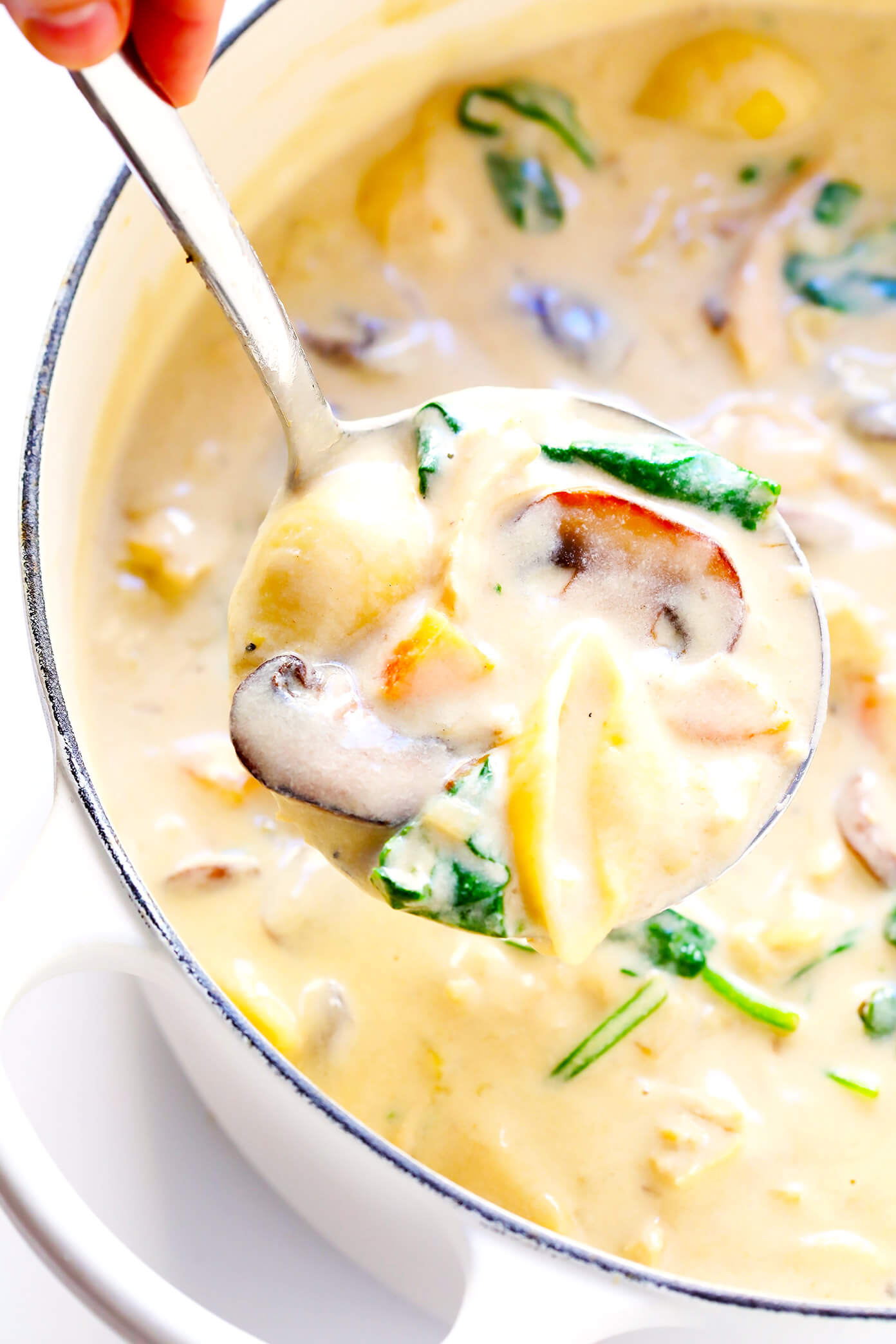 This Creamy Chicken Marsala Soup recipe is the BEST. It's made with pasta, mushrooms, carrots, and spinach...all simmered together in the most delicious creamy, garlicky, wine-infused broth. Top with Parmesan and lemon for a delicious, comforting dinner. | Gimme Some Oven #chickenmarsala #chickensoup #souprecipes #dinnerrecipes #comfortfood http://www.beincooking.com/