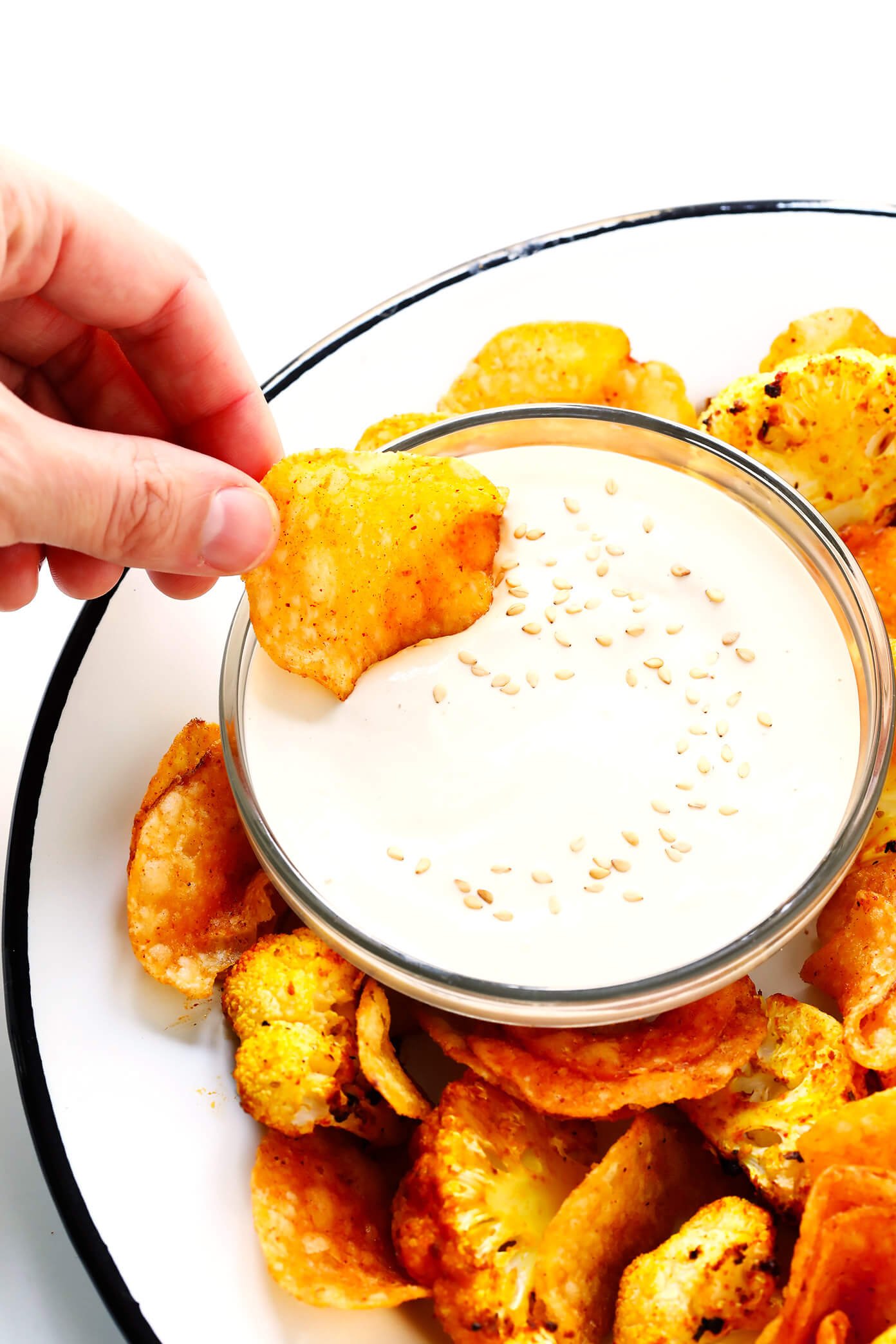 5-Minute Dreamy Tahini Dip with Roasted Cauliflower and Kettle Chips