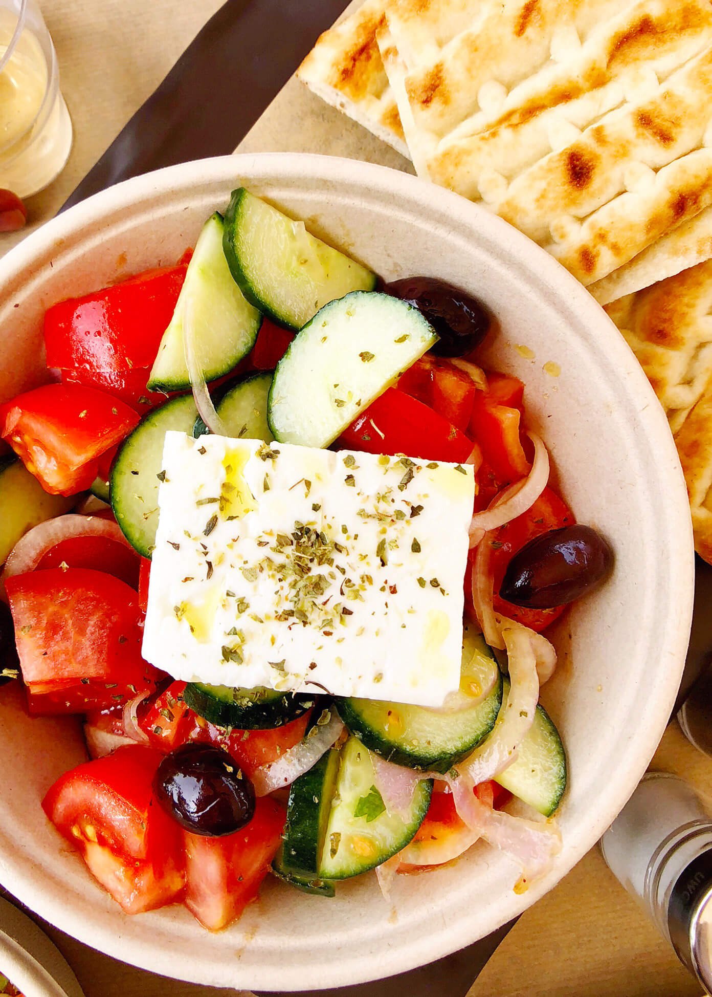 Greek Salad and Pita at PitoGyros in Santorini, Greece