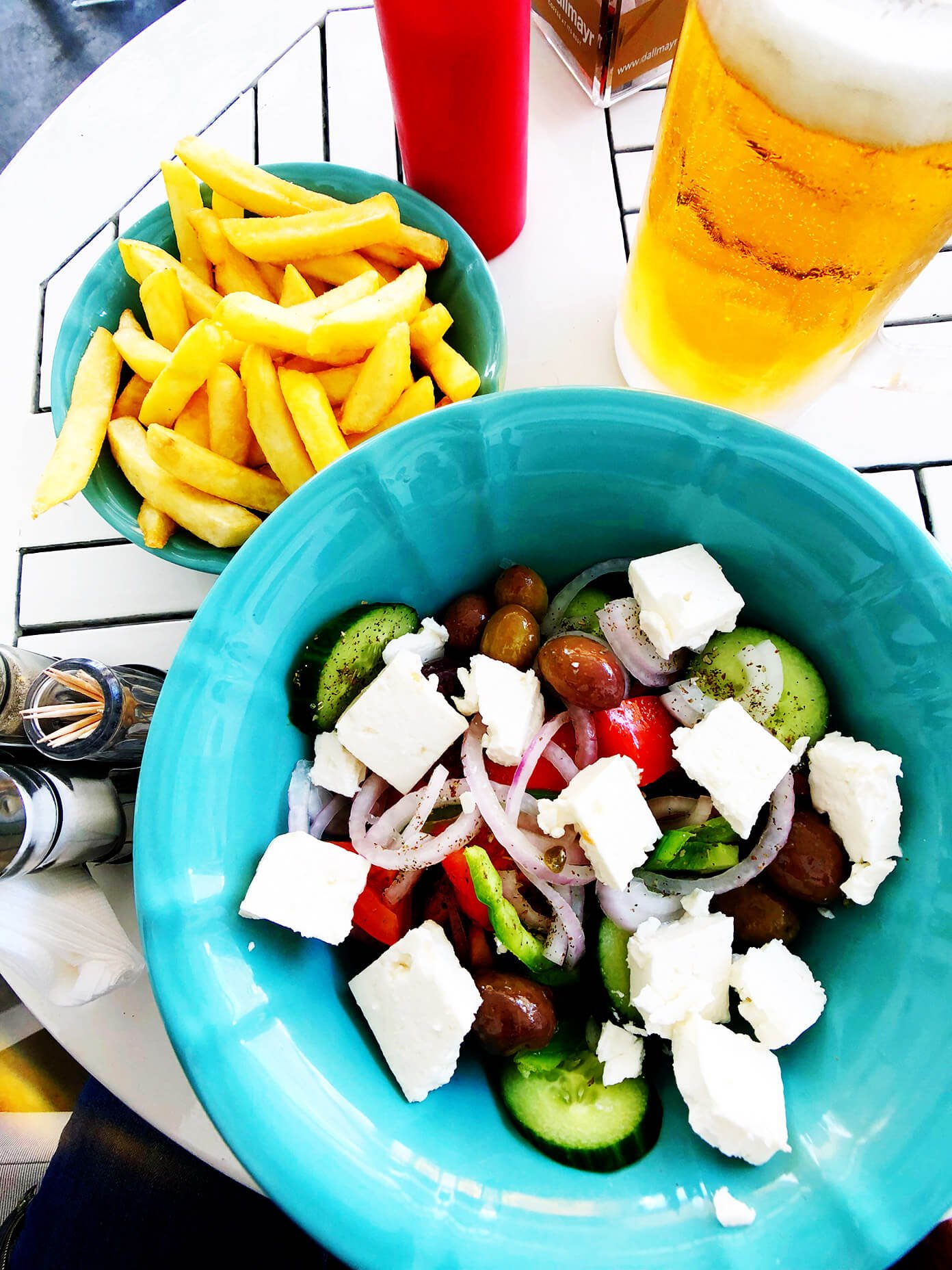 Greek Salad, Fries and Beer in Santorini, Greece