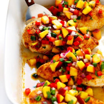 Ginger Chicken with Confetti Peach Salsa - Gimme Some Oven