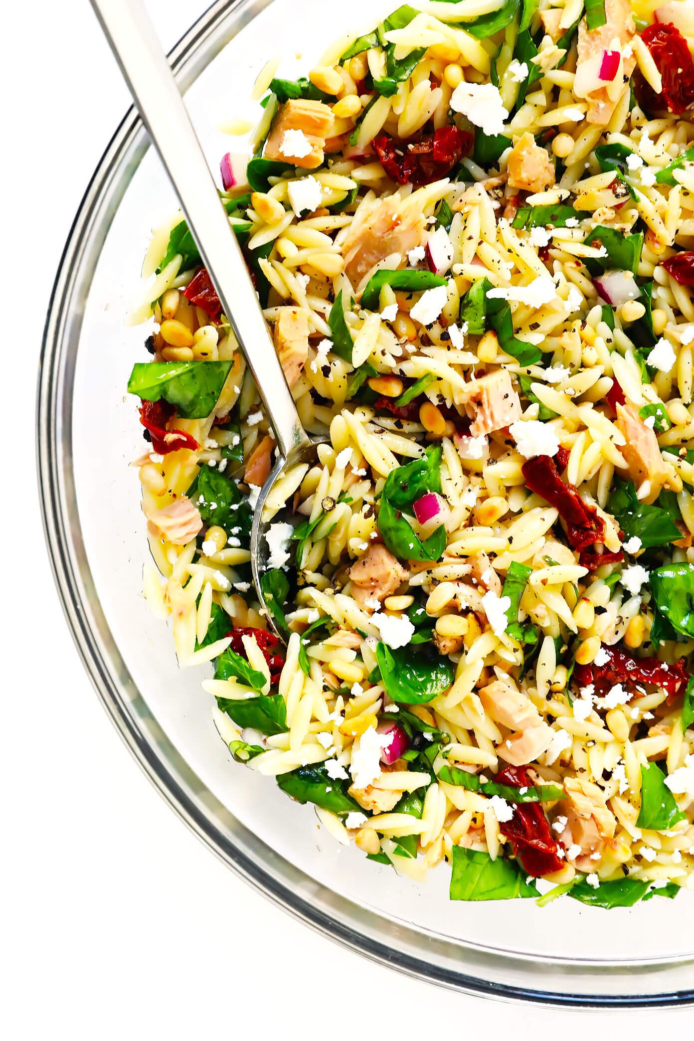 Italian Orzo Tuna Salad with Sun-Dried Tomatoes, Spinach and Feta