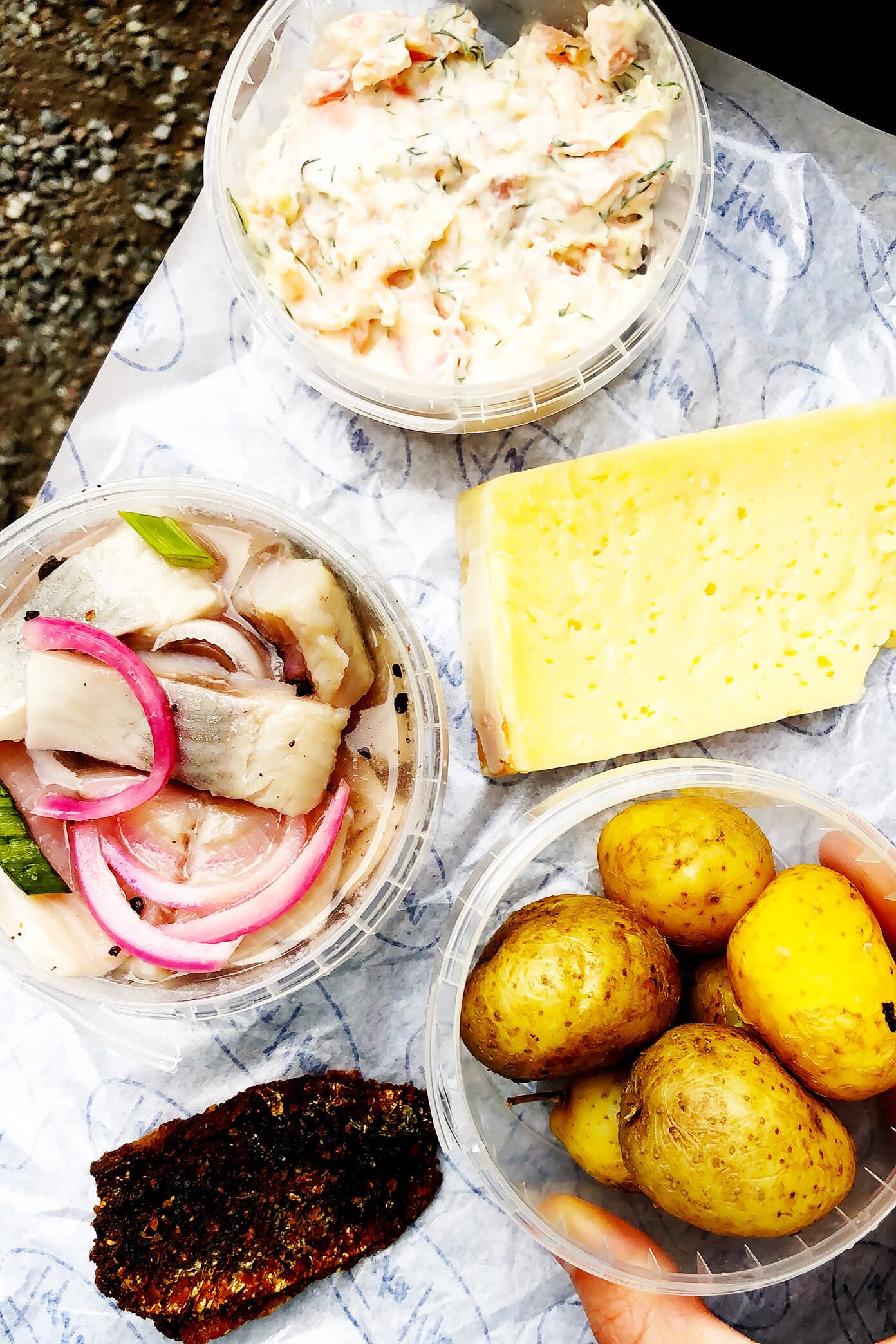 Pickled Herring, Smoked Salmon Dip, Cheese, and Boiled Potatoes | Stockholm, Sweden