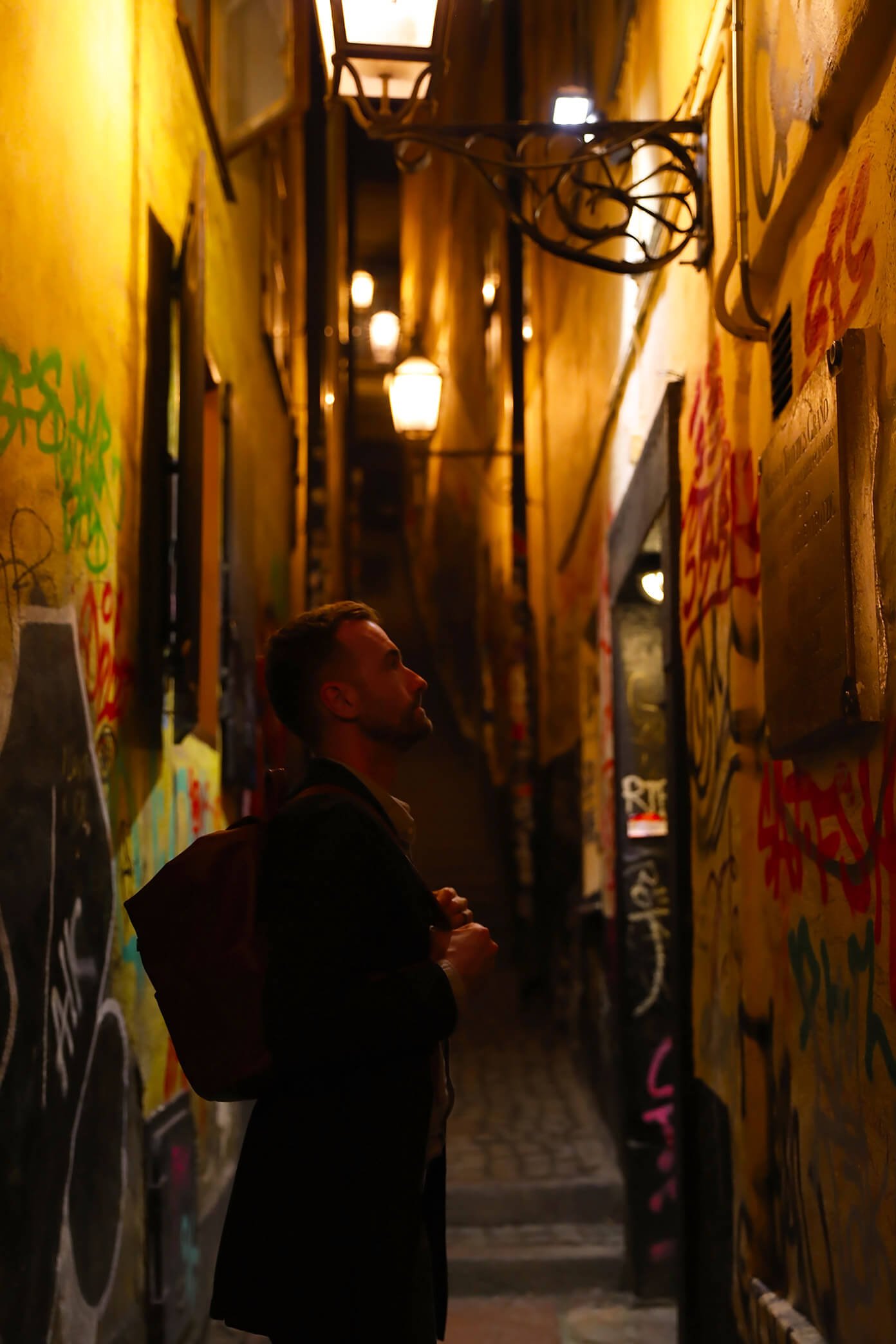 Barclay Standing in the Narrowest Street in Stockholm, Sweden