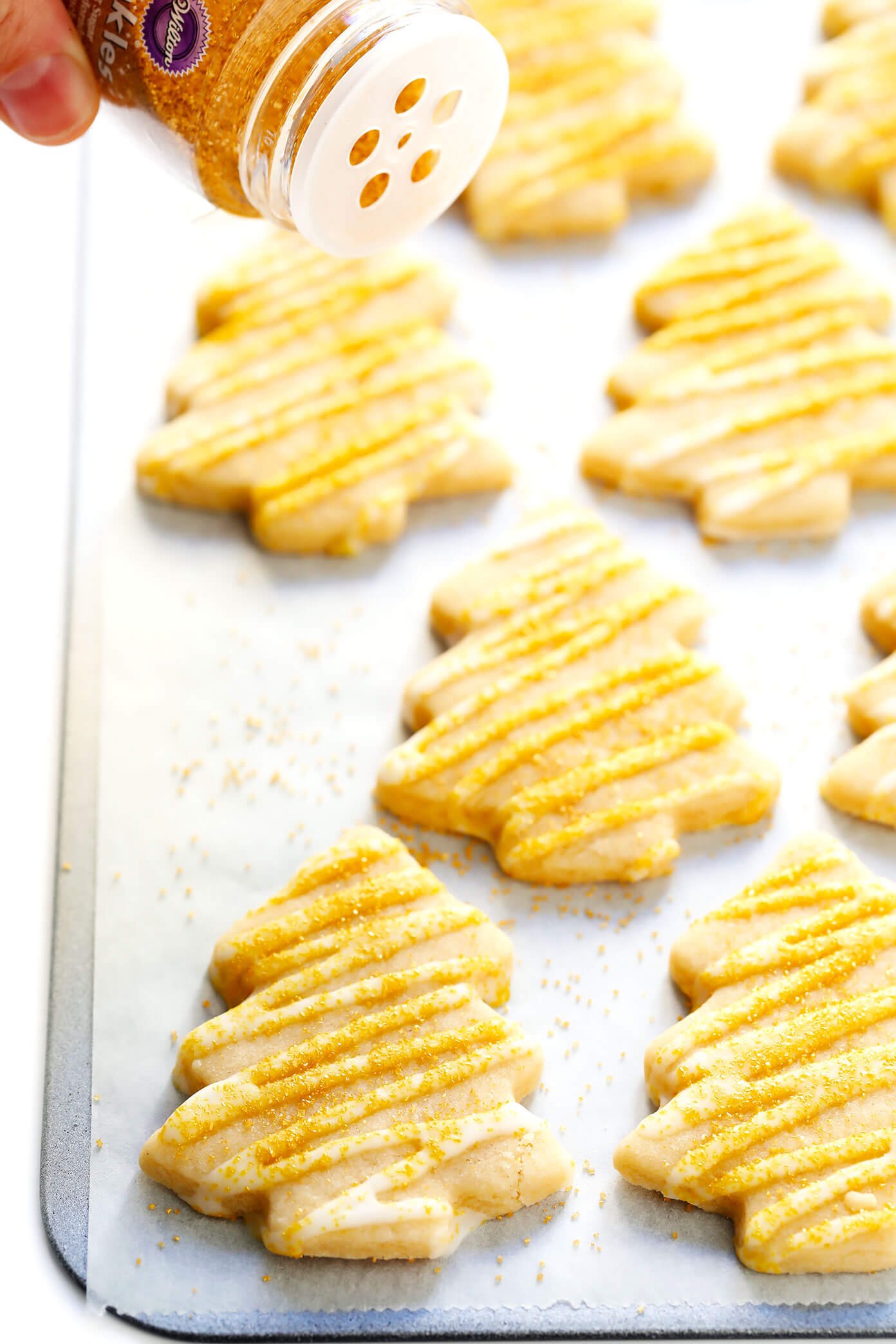 Brown Sugar Cookie Christmas Trees with Gold Sprinkles