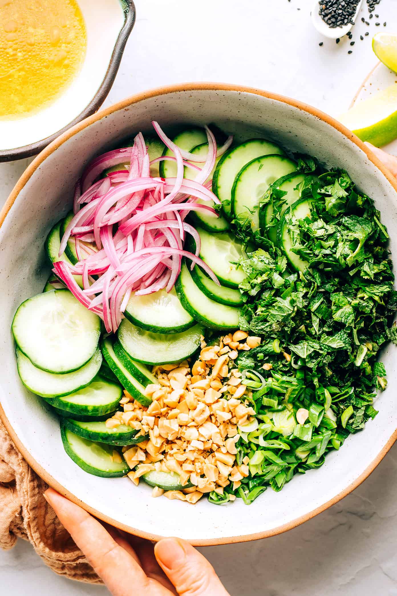 Thai Cucumber Salad Ingredients in Mixing Bowl