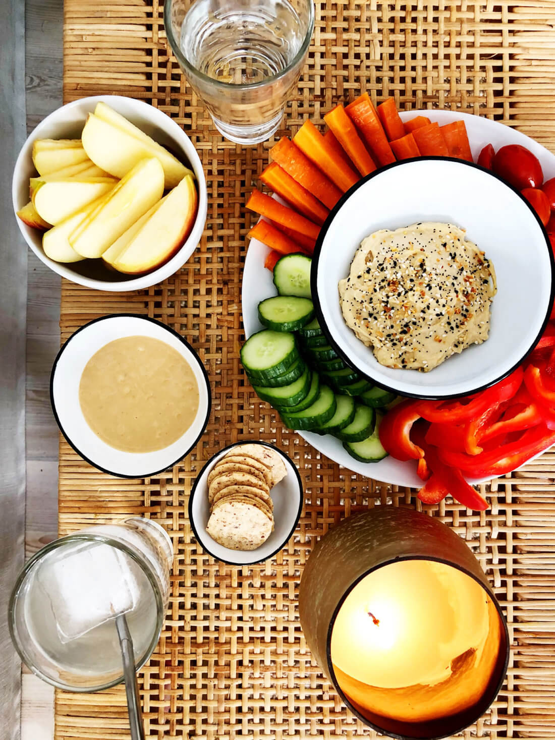 Snack lunch with hummus and peanut butter