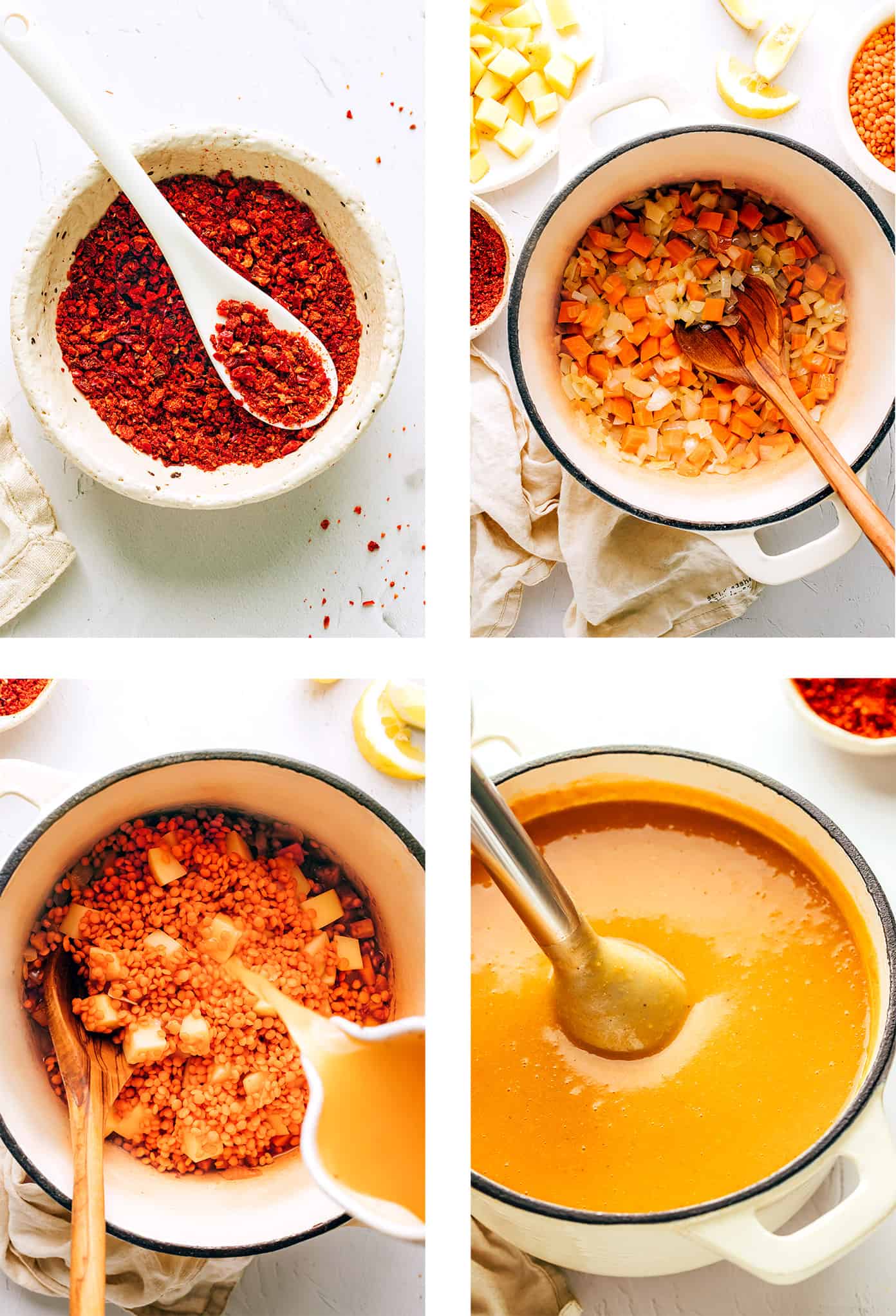 Step by step photos detailing how to make Turkish lentil soup