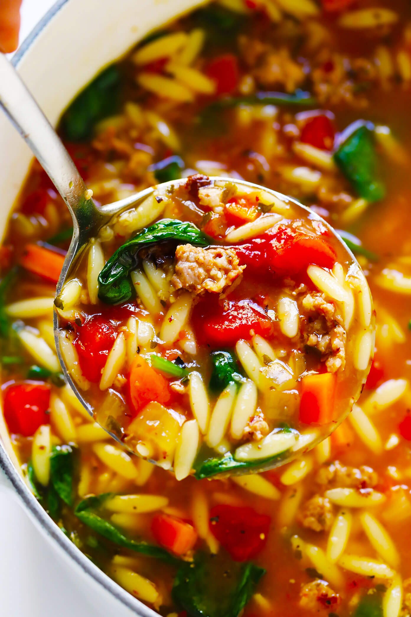 Italian Sausage Soup with Orzo and Spinach