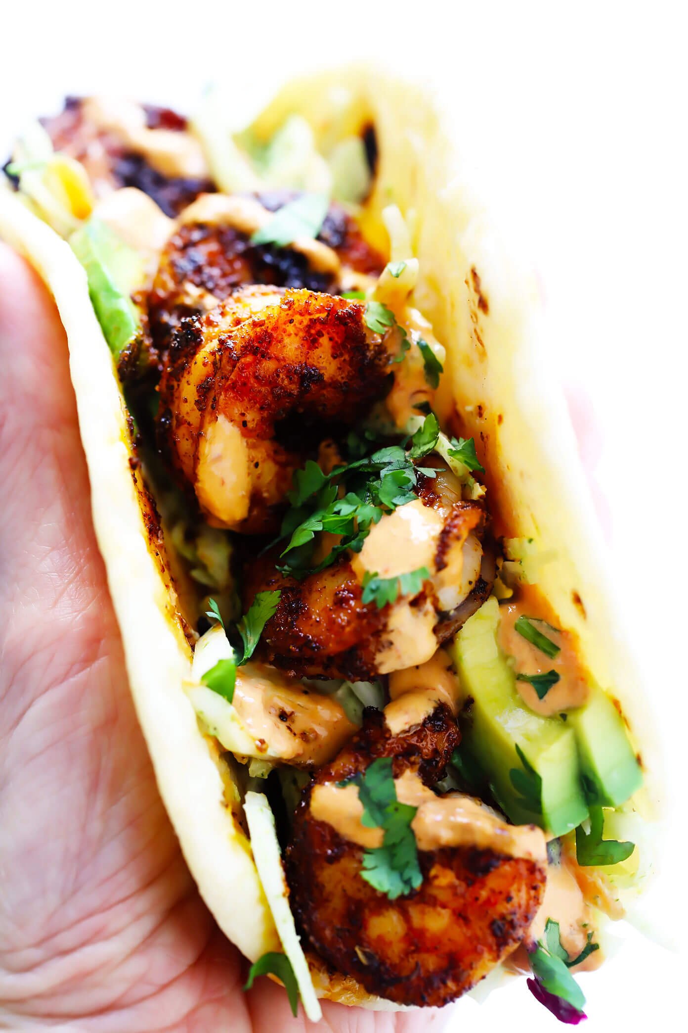 Shrimp Avocado Tacos with Cilantro Lime Slaw and Chipotle Crema