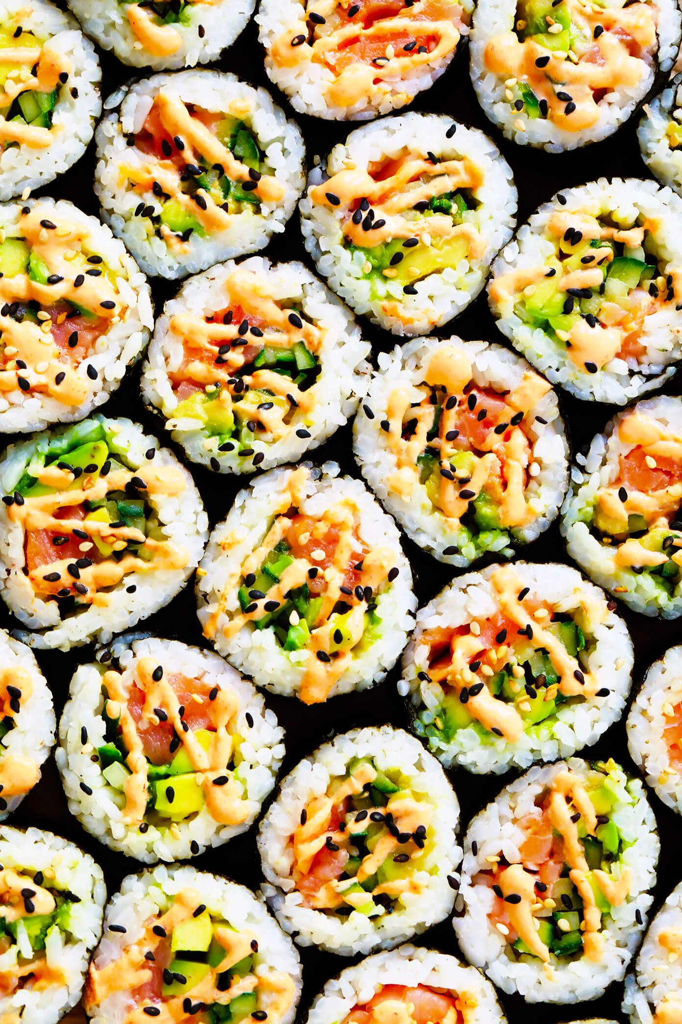 Salmon Avocado Sushi Rolls with Spicy Sauce