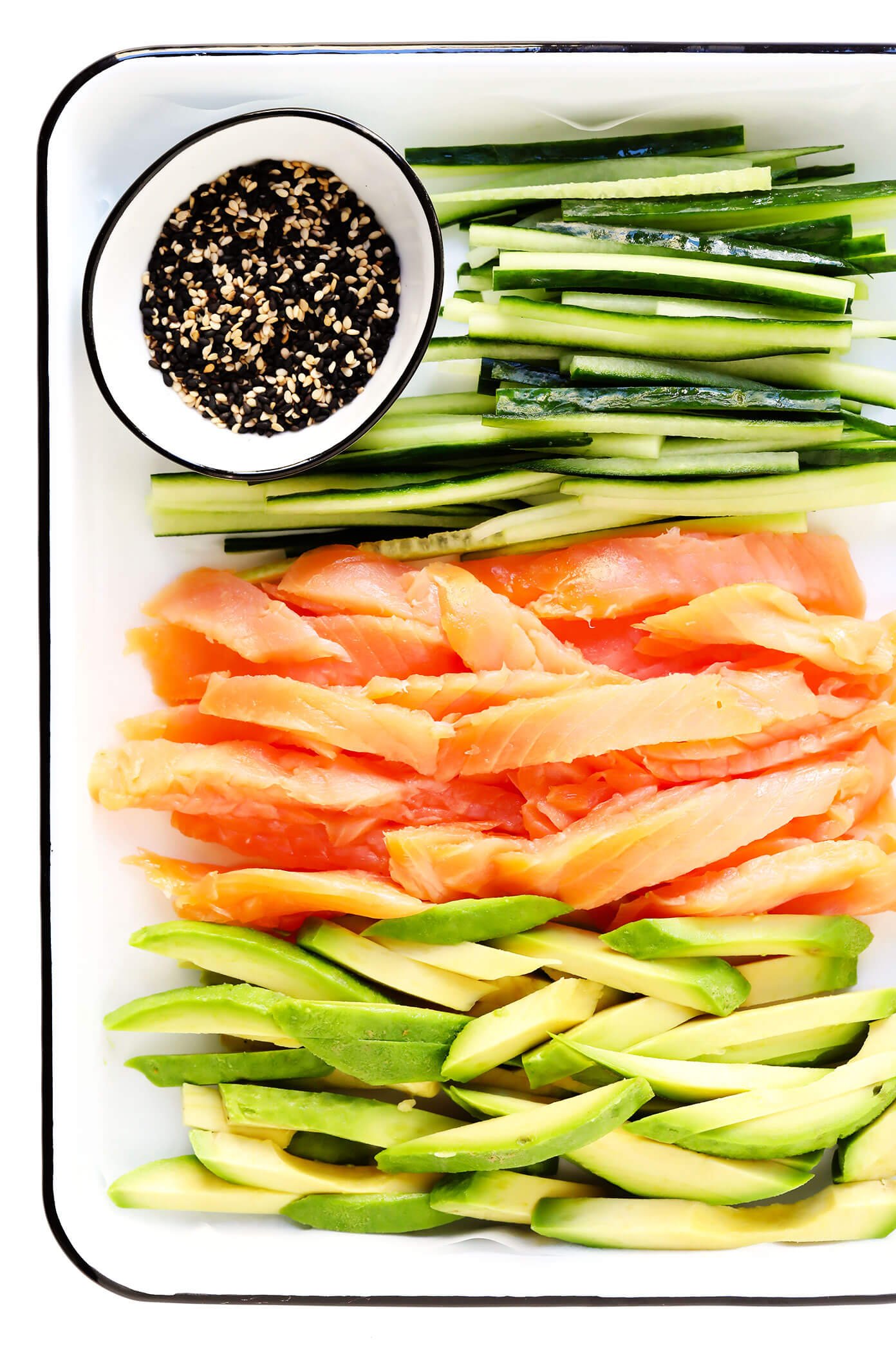 Sushi Roll Ingredients -- Cucumber, Smoked Salmon, Avocado, Sesame Seeds