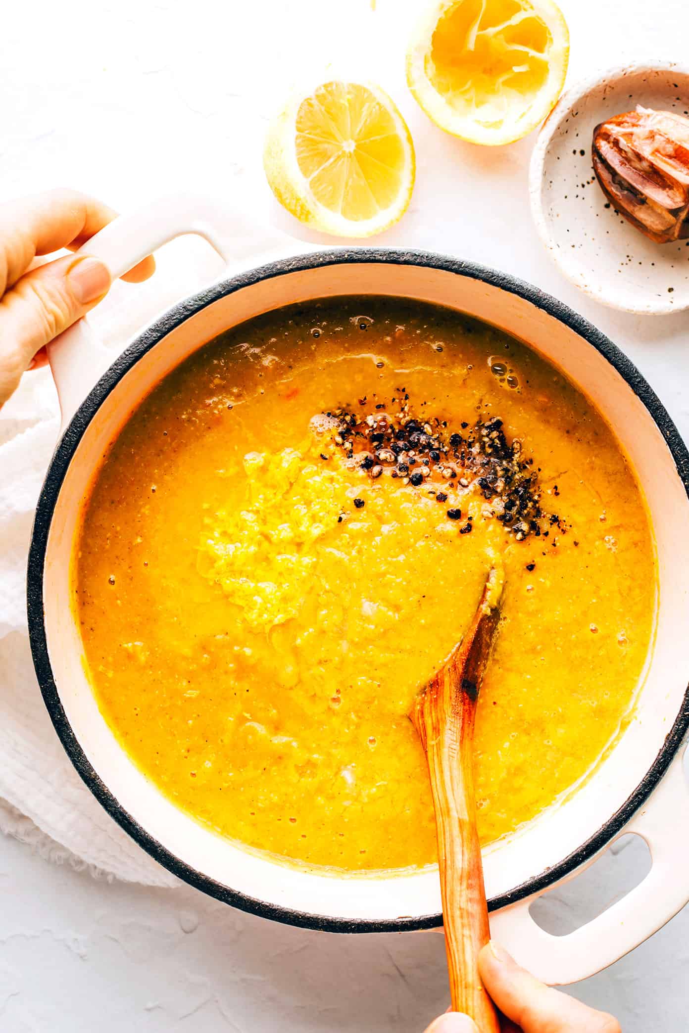 Red lentil soup in pot
