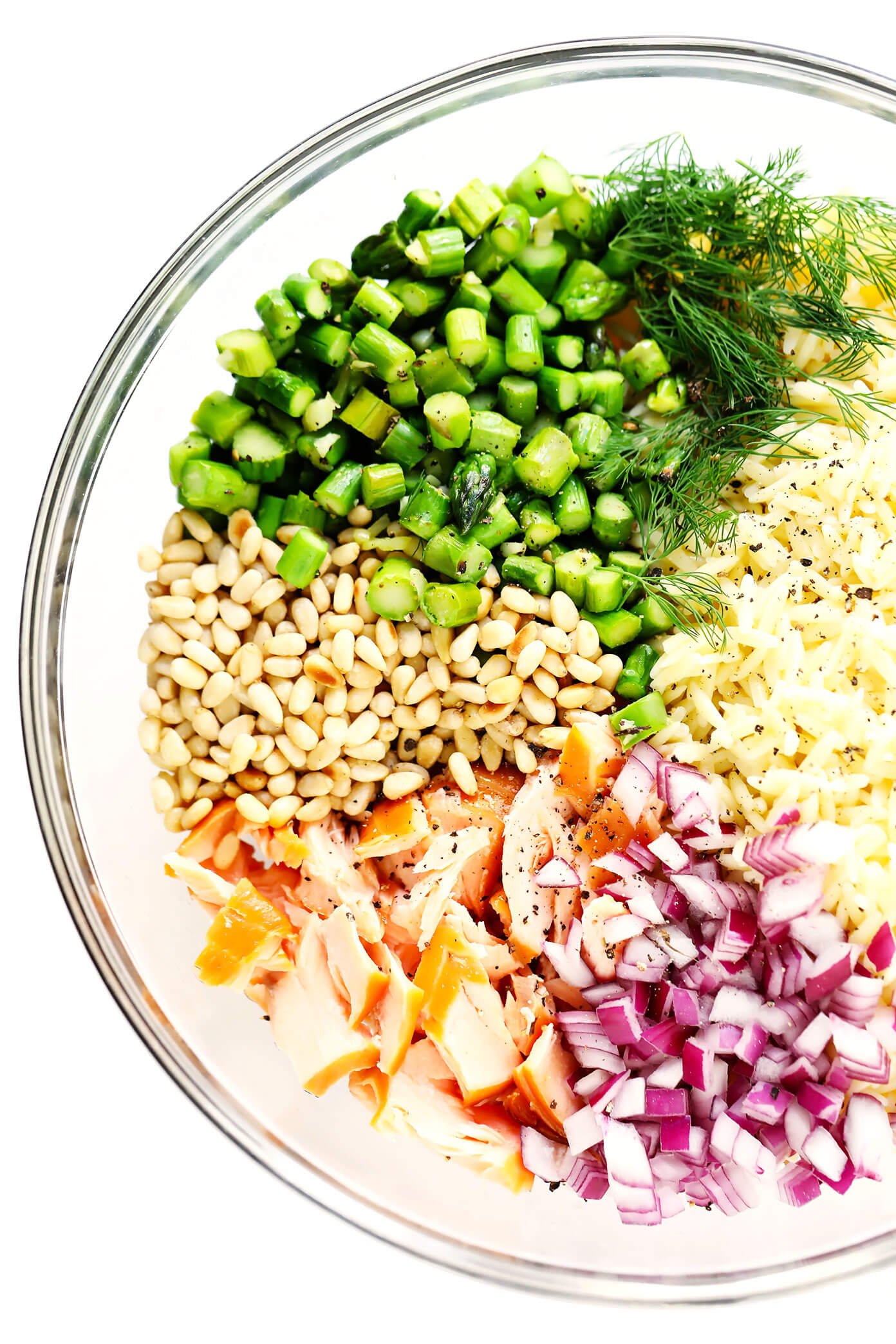 Salmon Pasta Salad Ingredients (Asparagus, Smoked Salmon, Red Onion, Pine Nuts, Orzo, Dill)