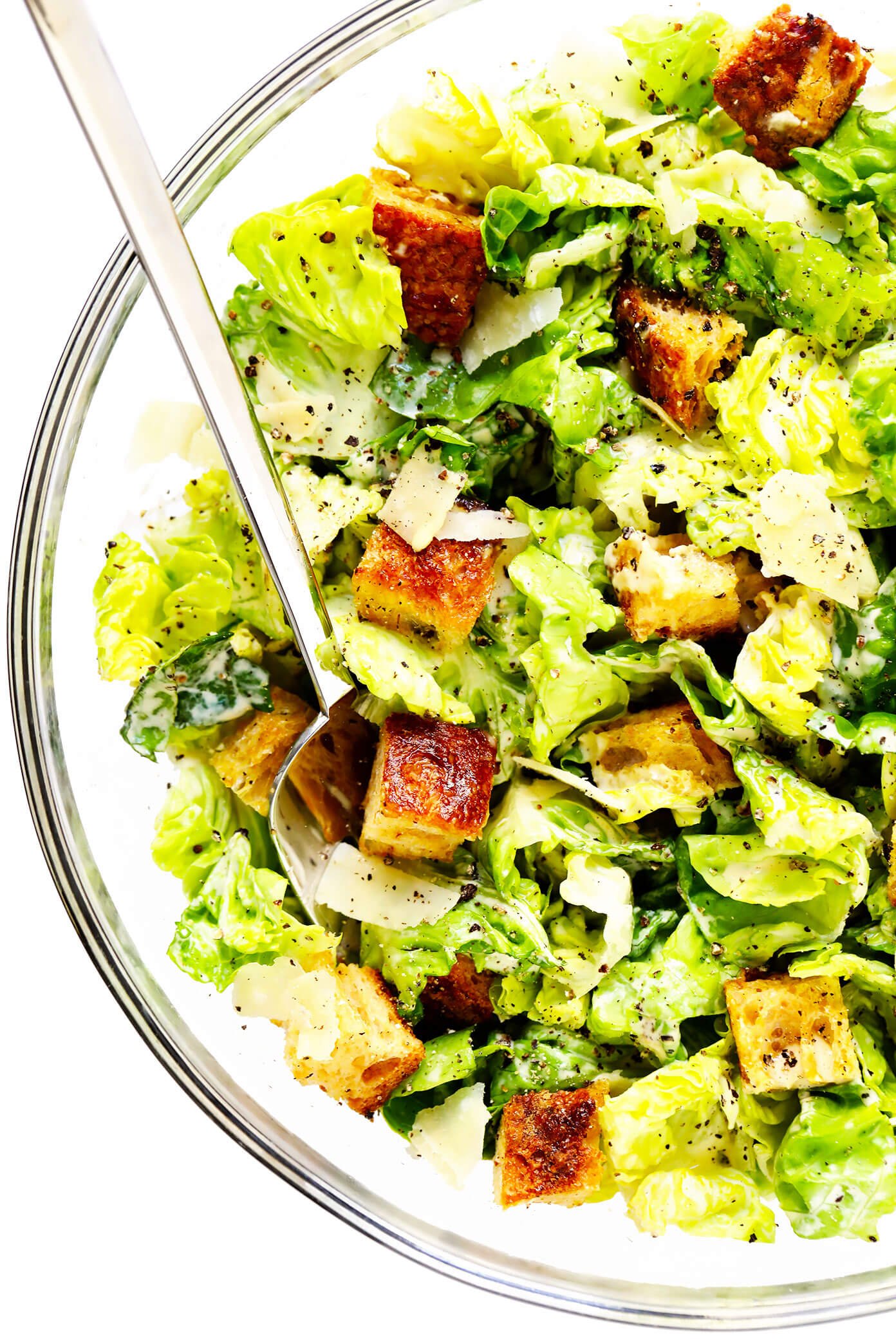 Caesar Salad in Bowl with Homemade Croutons