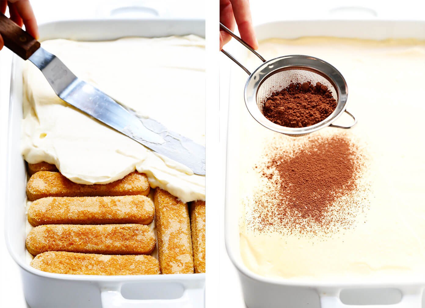 Spreading mascarpone filling on top of ladyfingers and dusting the tiramisu with cocoa powder