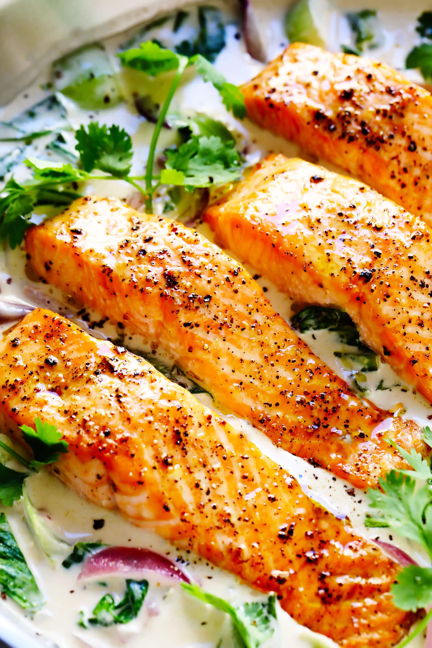 Baked Salmon with Green Curry Sauce Closeup