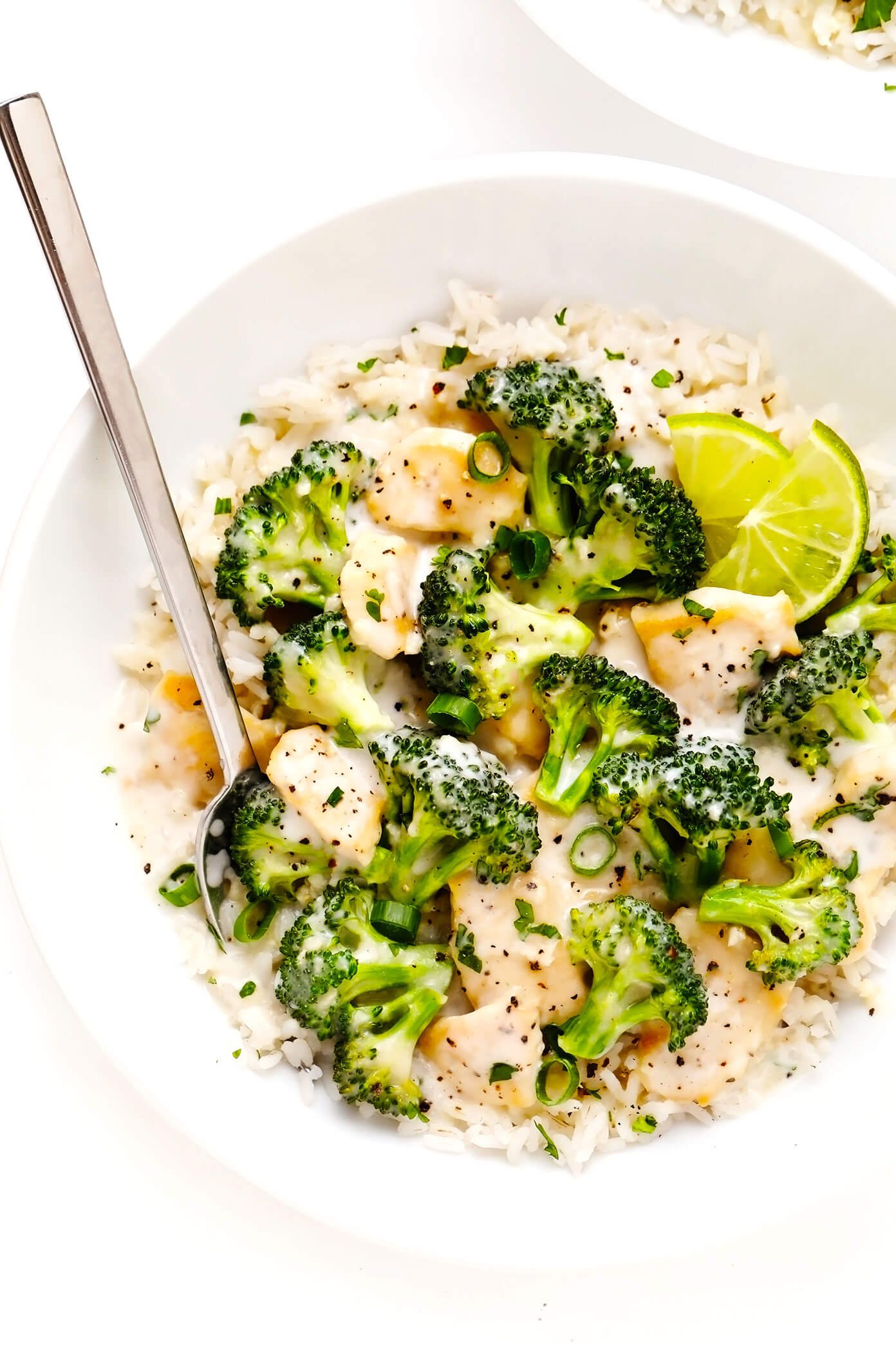 Coconut Lime Broccoli Chicken with Rice In Serving Bowl