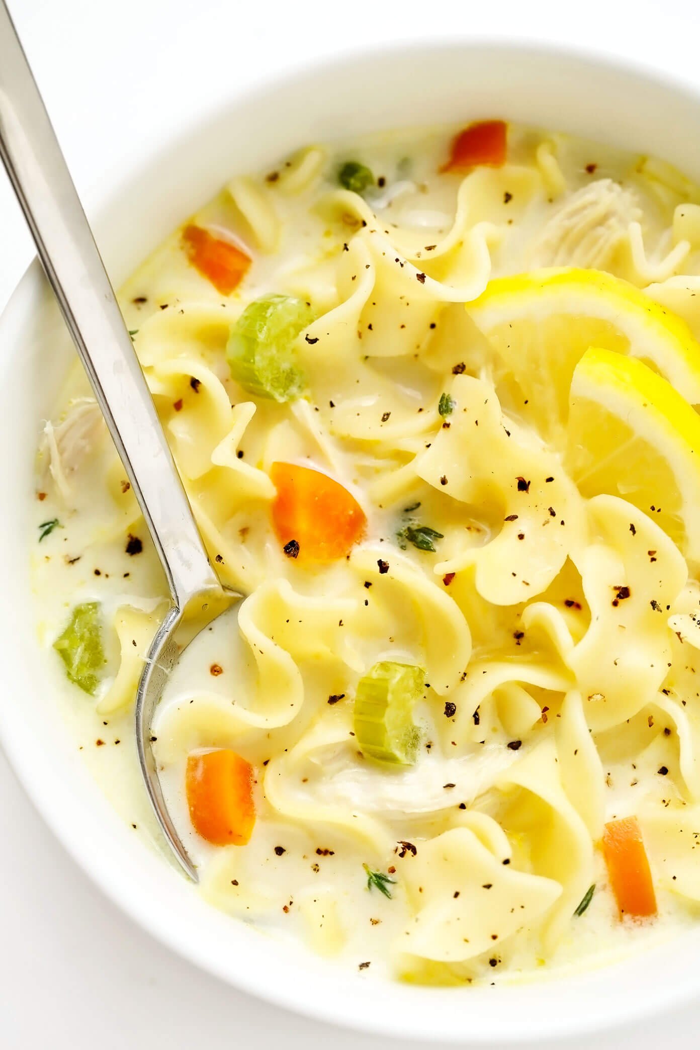 Closeup of Creamy Lemon Chicken Noodle Soup