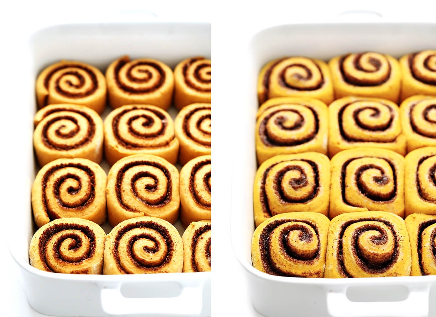 Pumpkin Cinnamon Roll Dough Before and After Baking