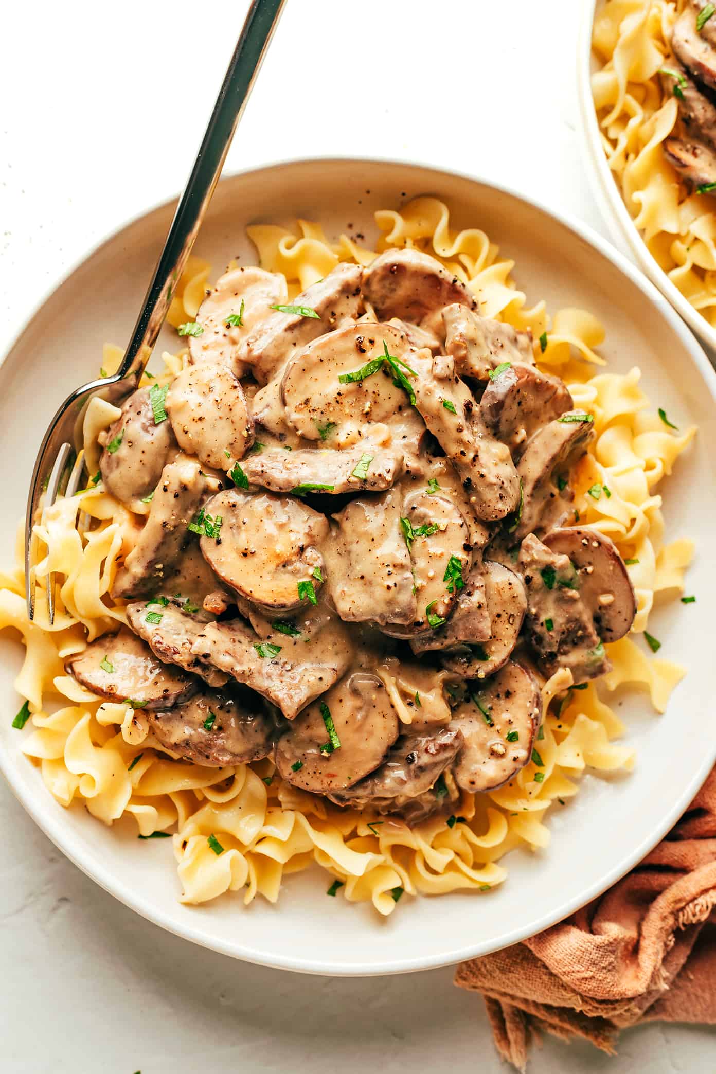 Beef stroganoff with noodles in bowl