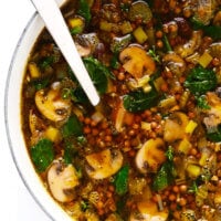 French Lentil and Mushroom Soup in Dutch Oven