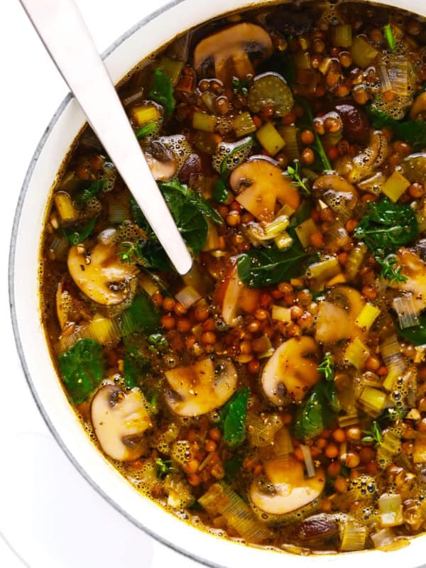 French Lentil and Mushroom Soup in Dutch Oven