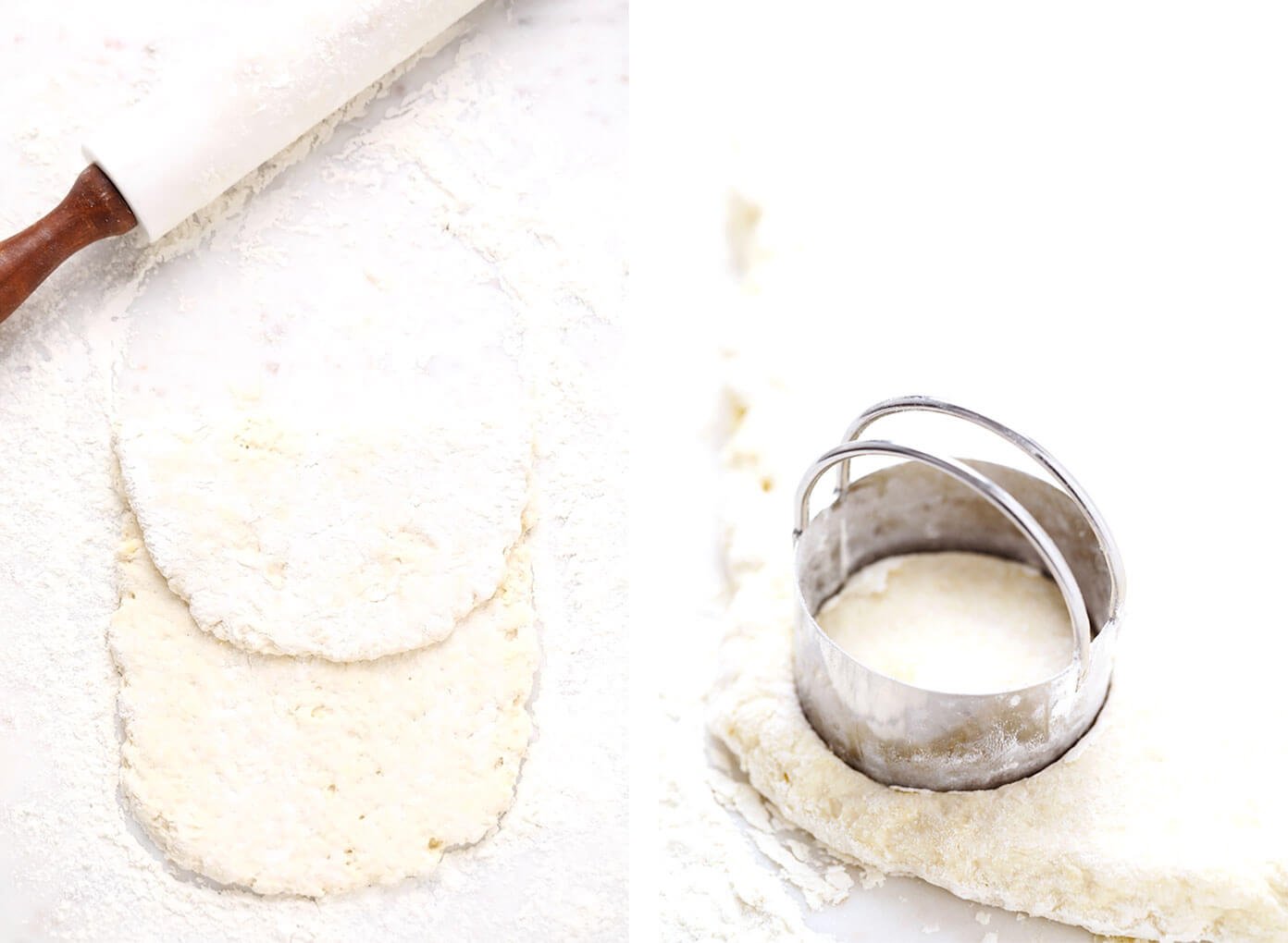 Rolling out biscuit dough and cutting with a biscuit cutter