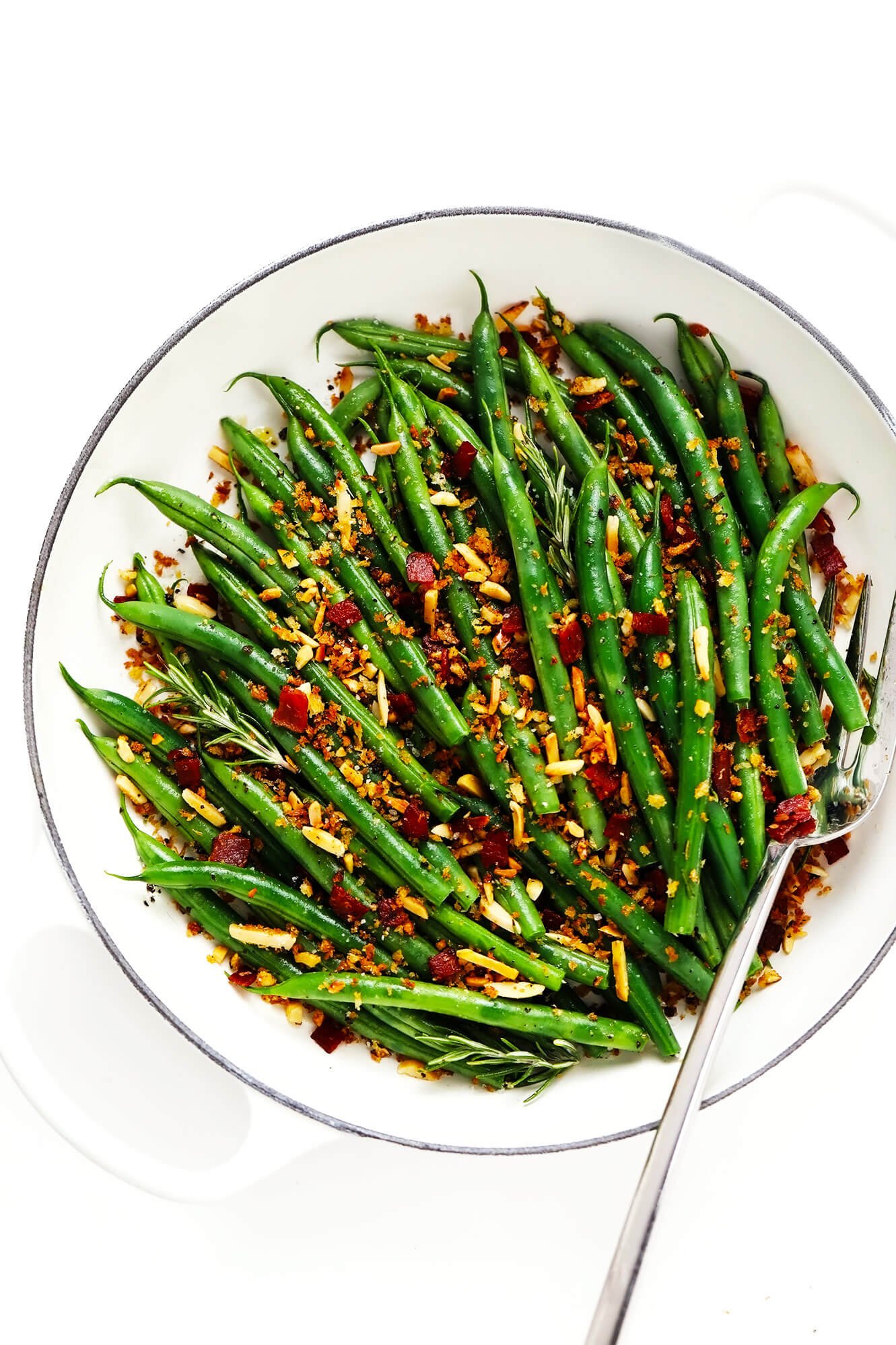 Green Beans with Bacon Breadcrumbs in Saute Pan with Fork