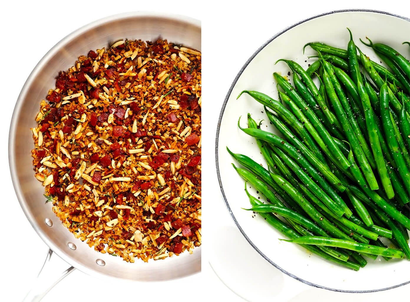 Bacon Breadcrumbs in Saute Pan plus Steamed Green Beans (Migalhas de pão com bacon na frigideira e feijão verde no vapor)