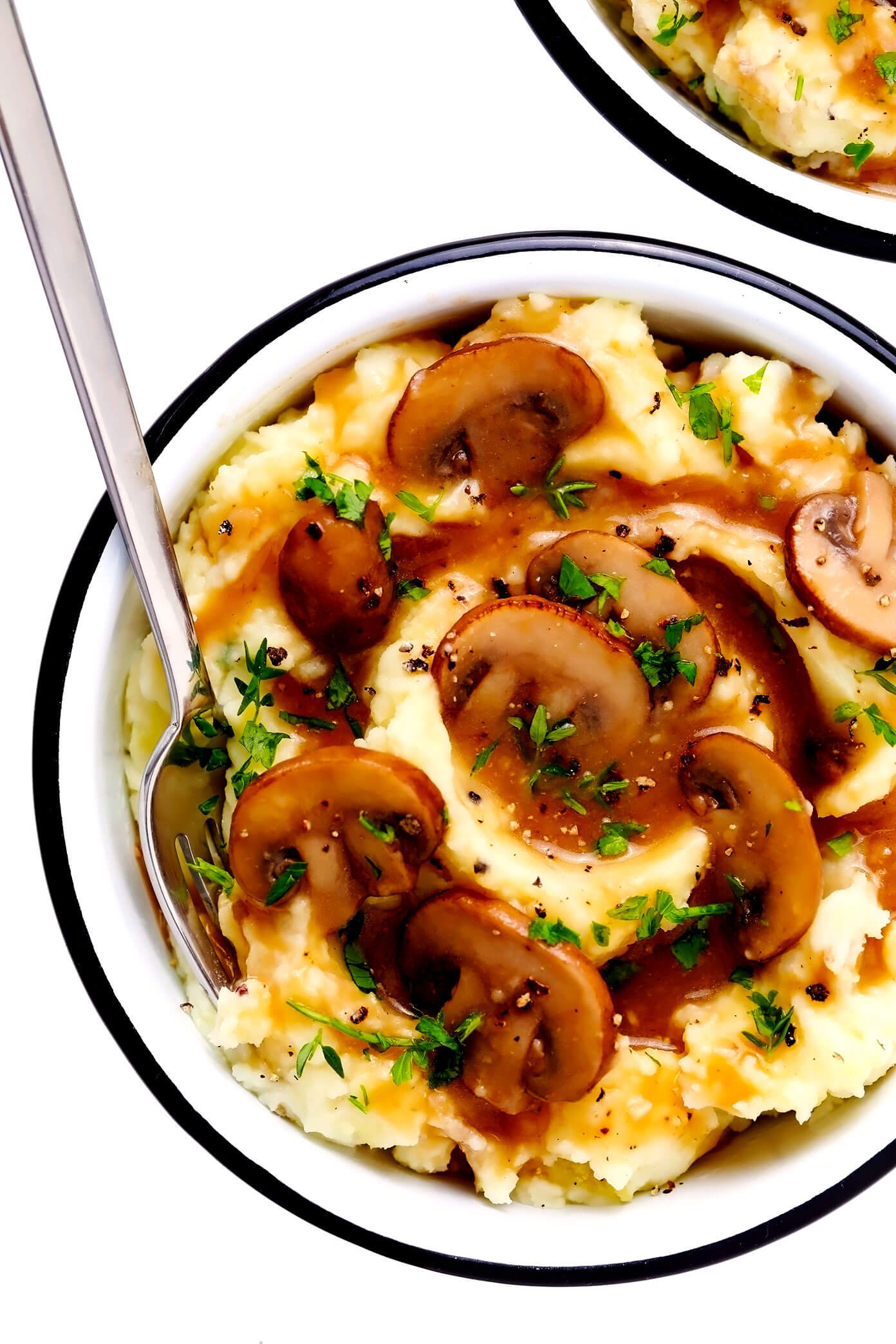 Instant Pot Mashed Potatoes in Bowls with Mushroom Gravy