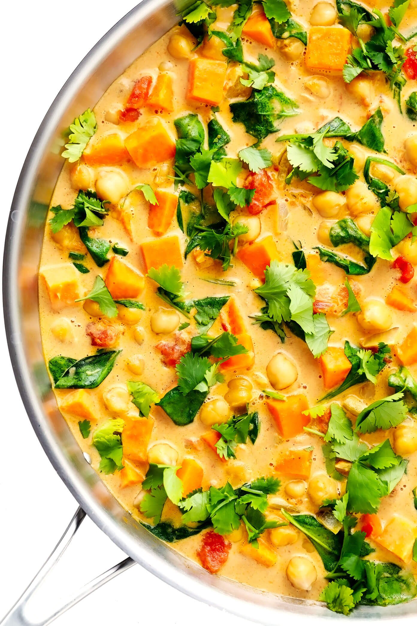 Sweet Potato Chickpea Coconut Curry with Cilantro in Saute Pan