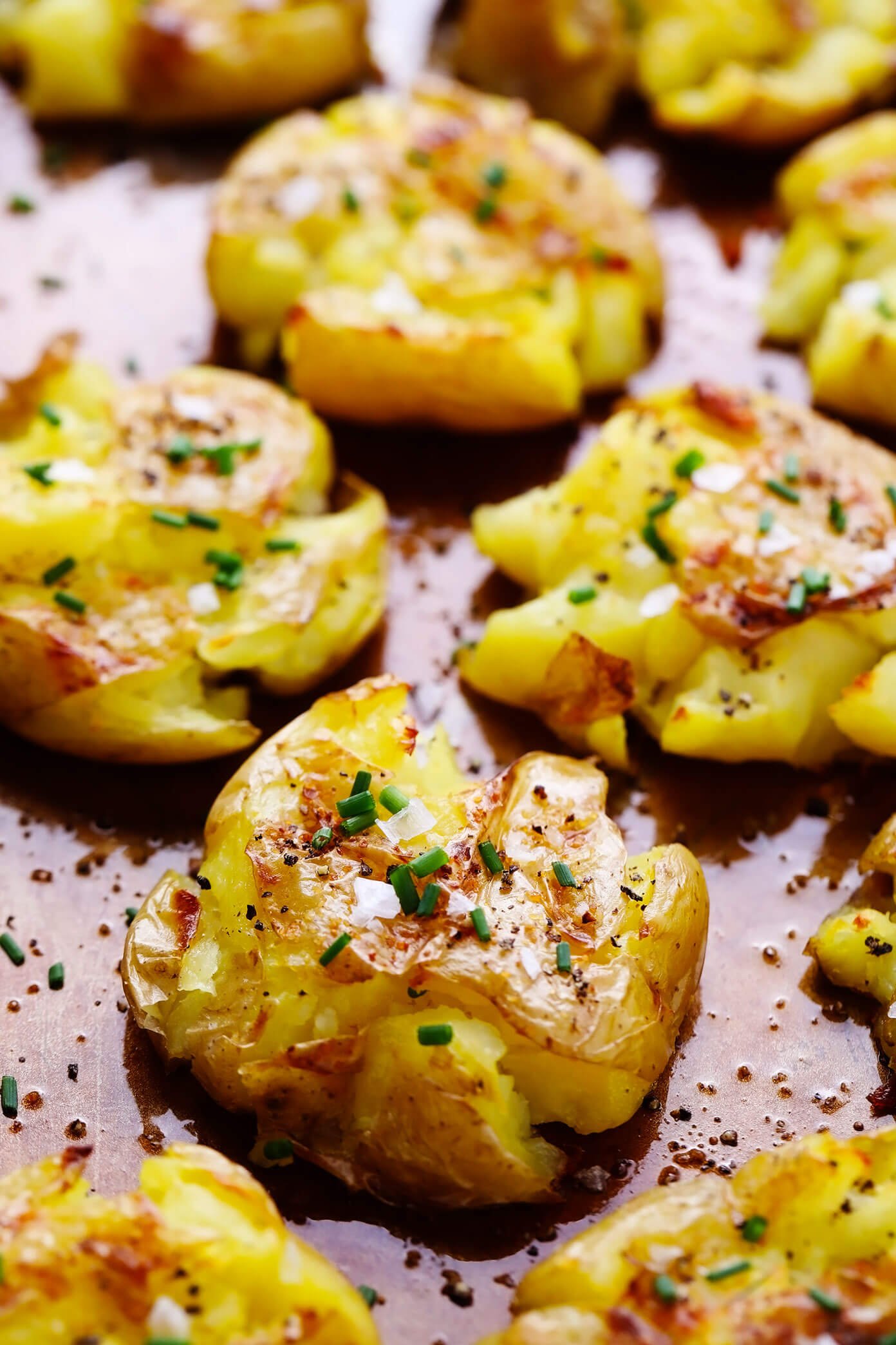 Garlic Smashed Potatoes Closeup on Baking Sheet