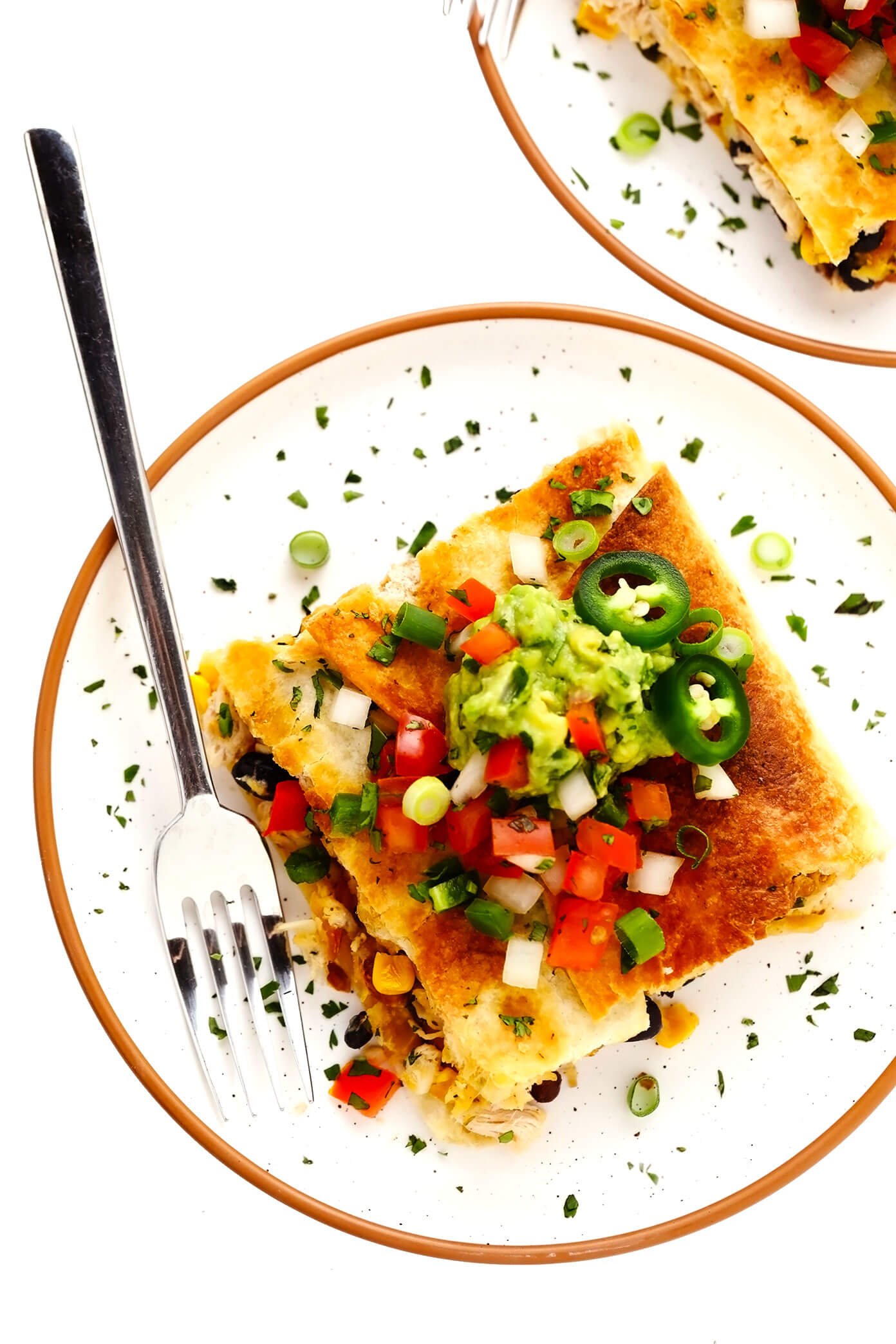 Individual Chicken Sheet Pan Quesadilla Serving with Guacamole and Pico de Gallo