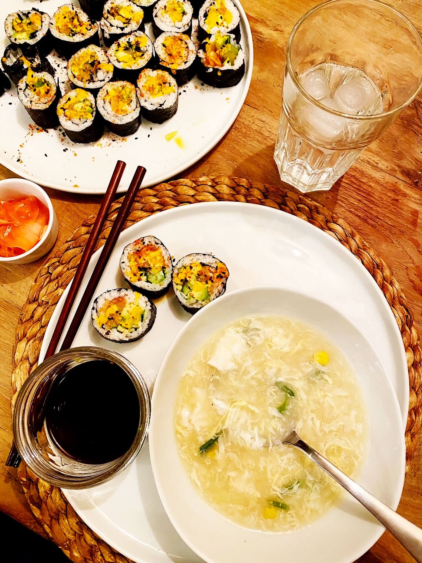 Homemade sushi and egg drop soup