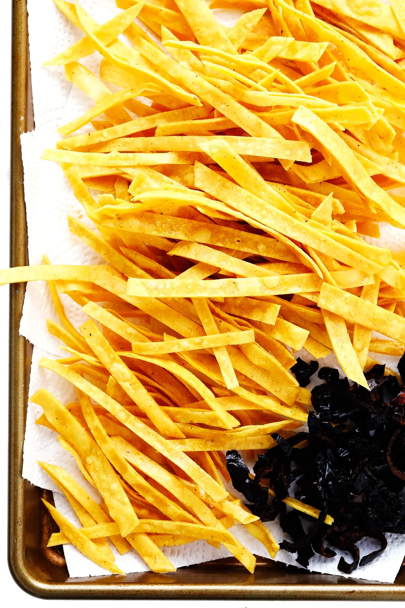 Fried tortilla strips and chiles for sopa azteca