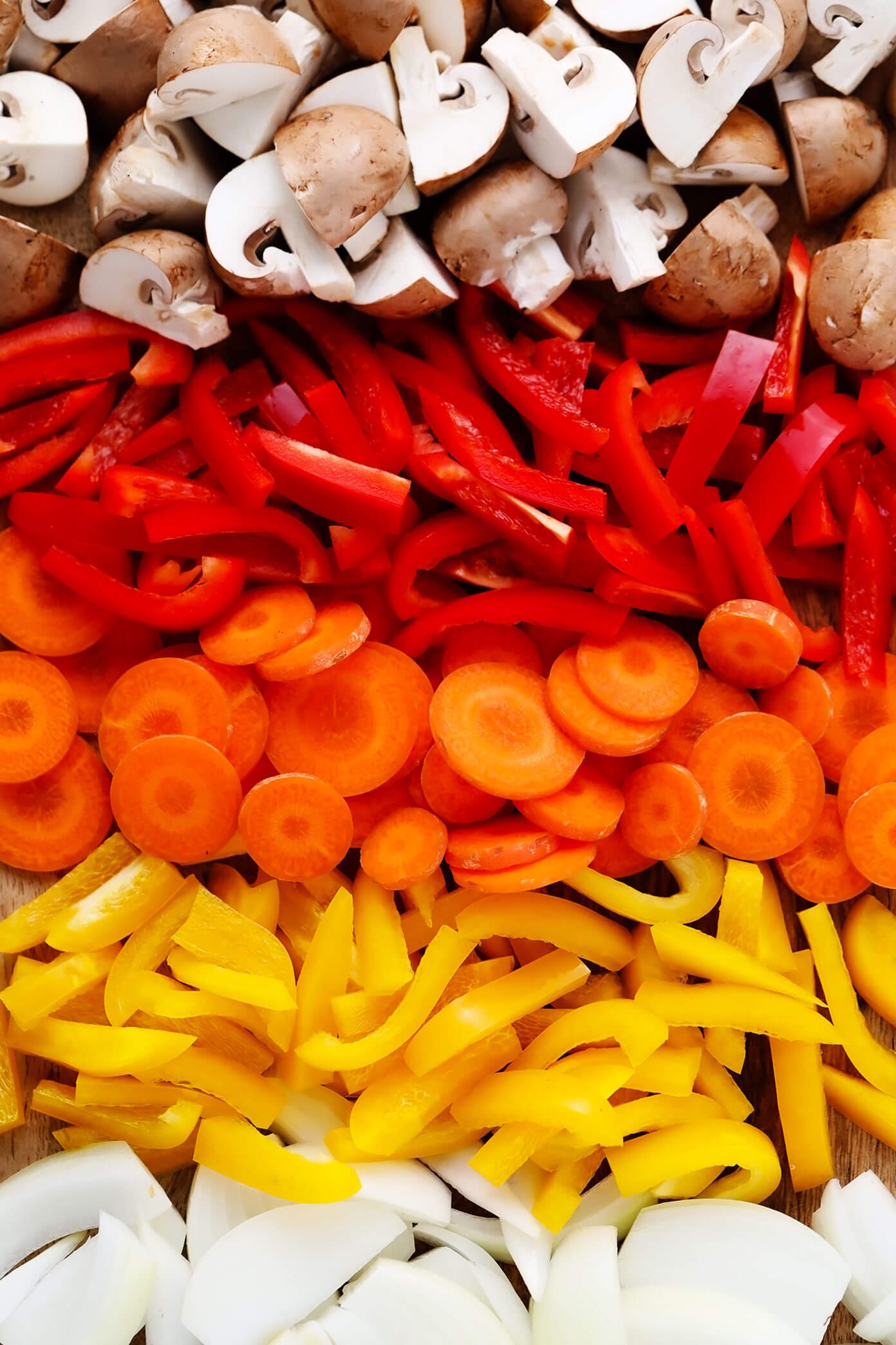 Rainbow veggies (mushrooms, bell peppers, carrots, onion) for Thai Chicken Curry recipe